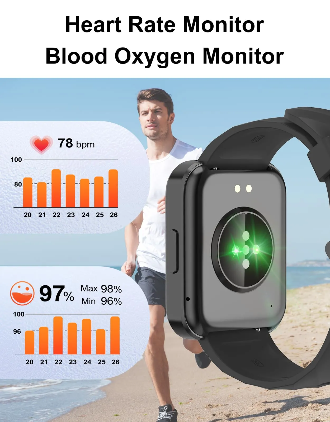 Dakofied Smartwatch con Chiamate Bluetooth, Contapassi, Cardiofrequenzimetro, Saturimetro, IP68, per Android e iOS - Nero - immagine 4