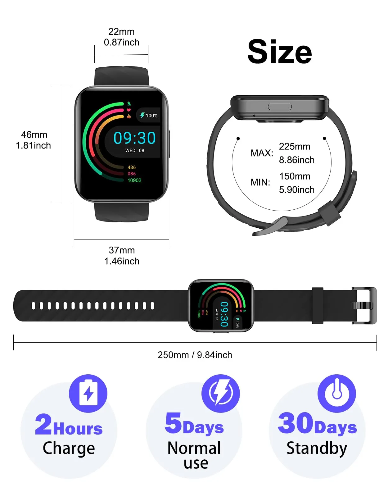 Dakofied Smartwatch con Chiamate Bluetooth, Contapassi, Cardiofrequenzimetro, Saturimetro, IP68, per Android e iOS - Nero - immagine 8