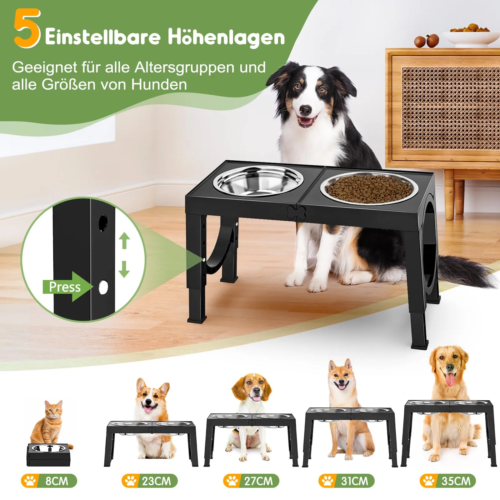 X XBEN Ciotole Rialzate per Cani, 5 Altezze Regolabili, 2 Ciotole in Acciaio Inox da 1200 ML, Pieghevole e Antiscivolo - immagine 2