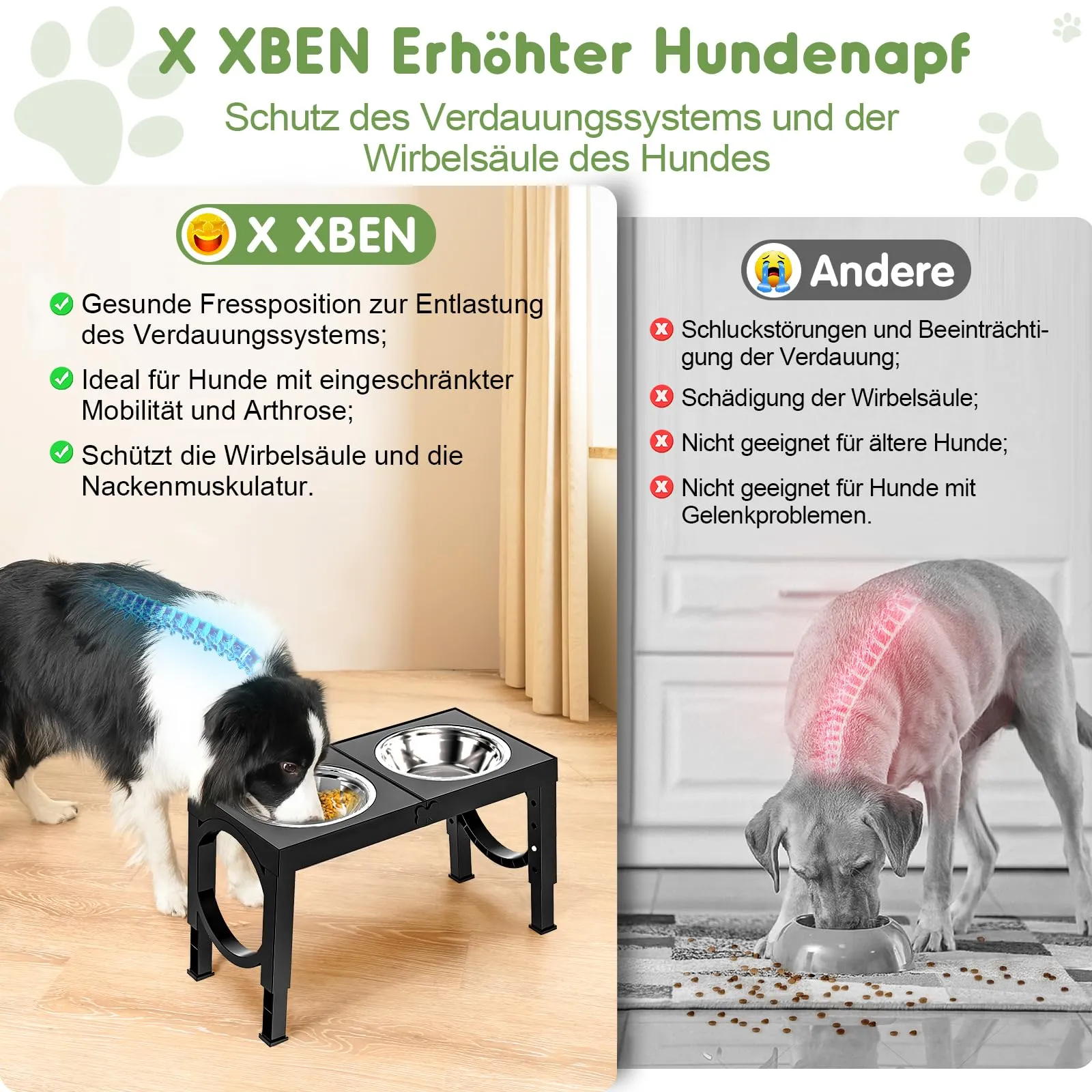 X XBEN Ciotole Rialzate per Cani, 5 Altezze Regolabili, 2 Ciotole in Acciaio Inox da 1200 ML, Pieghevole e Antiscivolo - immagine 7