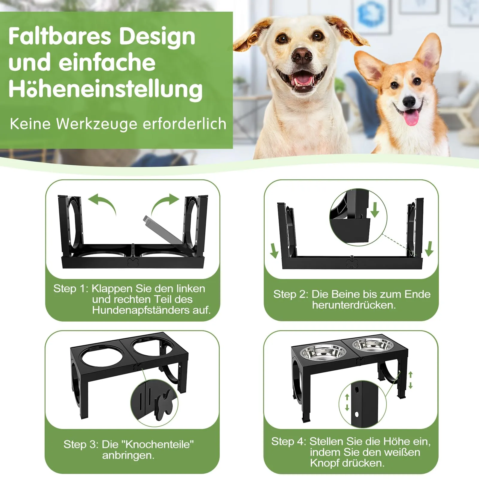 X XBEN Ciotole Rialzate per Cani, 5 Altezze Regolabili, 2 Ciotole in Acciaio Inox da 1200 ML, Pieghevole e Antiscivolo - immagine 8