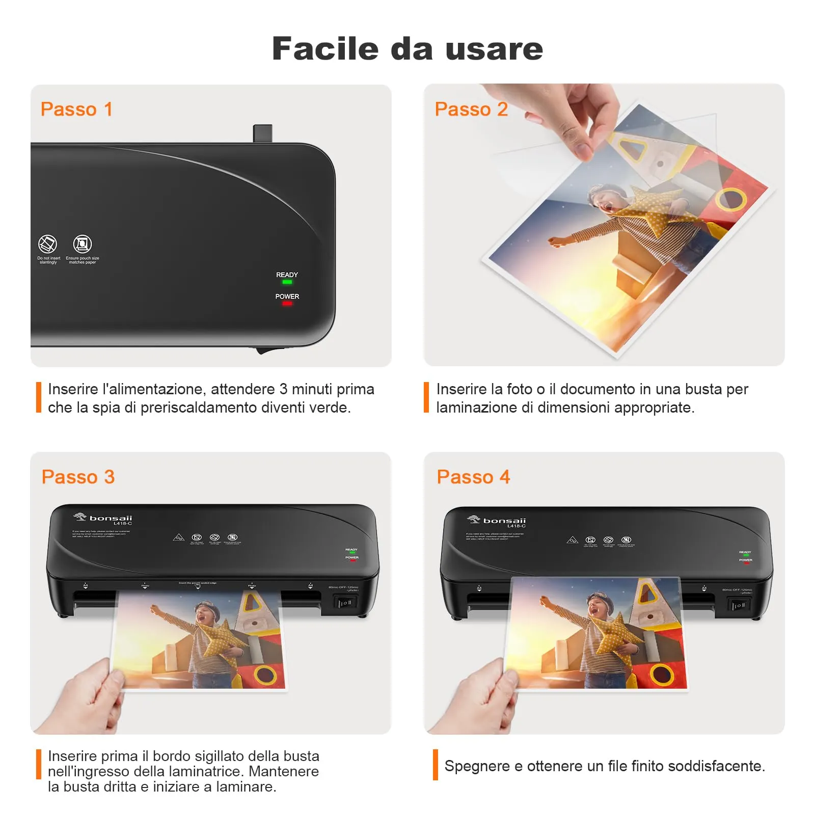 Bonsaii Plastificatrice A4 L418-C Kit 6 in 1 con 40 Pouch e Accessori - immagine 4