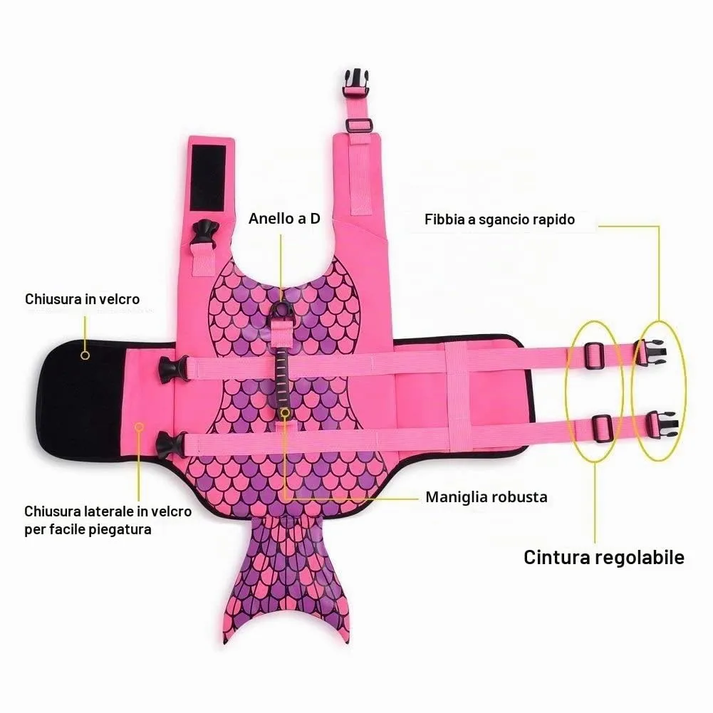 CITÉTOILE Giubbotto di Salvataggio per Cani a Forma di Sirena con Manico, Rosa, S - immagine 3