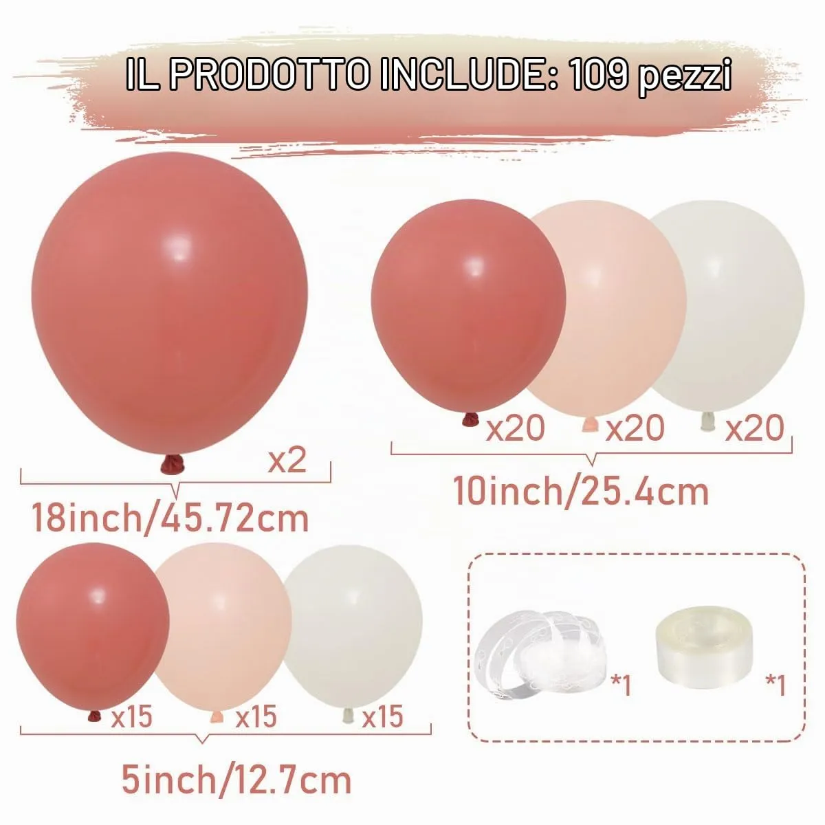Frigg Kit Arco di Palloncini Rosa, Arancione e Bianco Sabbia, 109 Pezzi - immagine 2