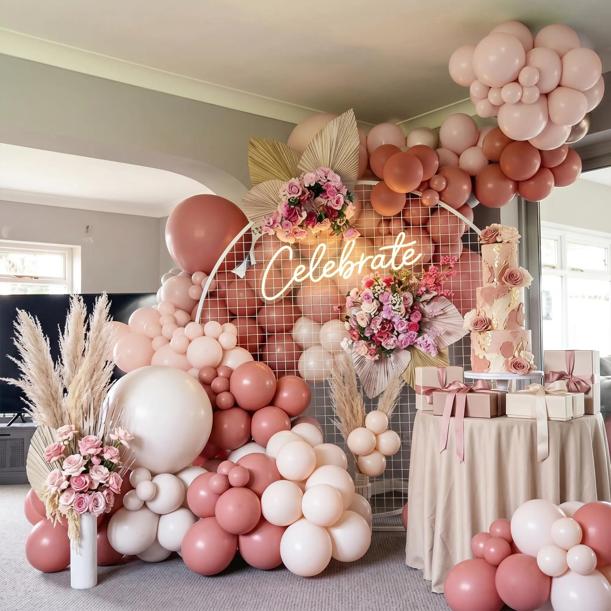 Frigg Kit Arco di Palloncini Rosa, Arancione e Bianco Sabbia, 109 Pezzi - immagine 6