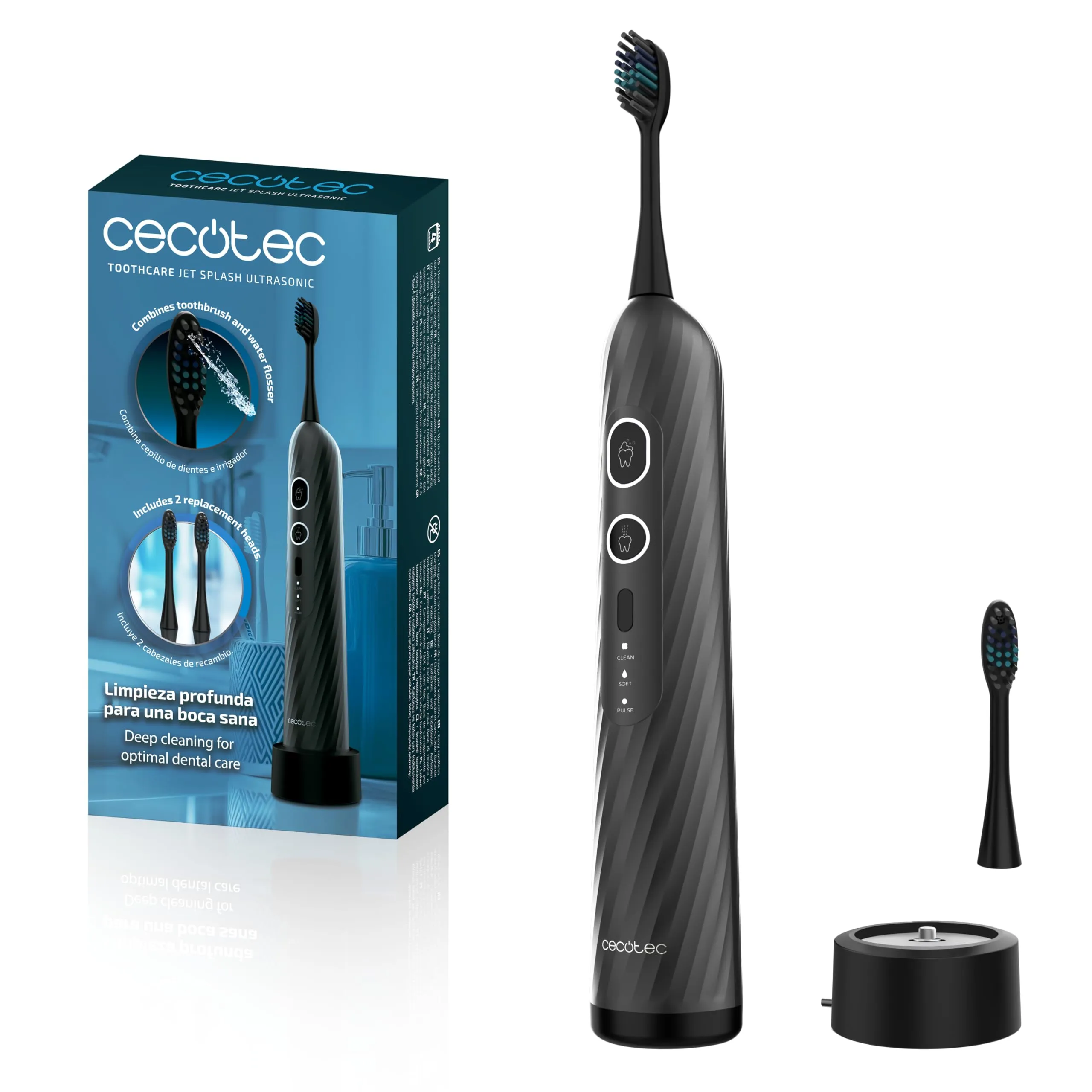 Cecotec ToothCare Jet Splash UltraSonic Spazzolino da Denti Elettrico e Irrigatore, Serbatoio 60ml, 3 Modalità, 2 Testine - immagine 1