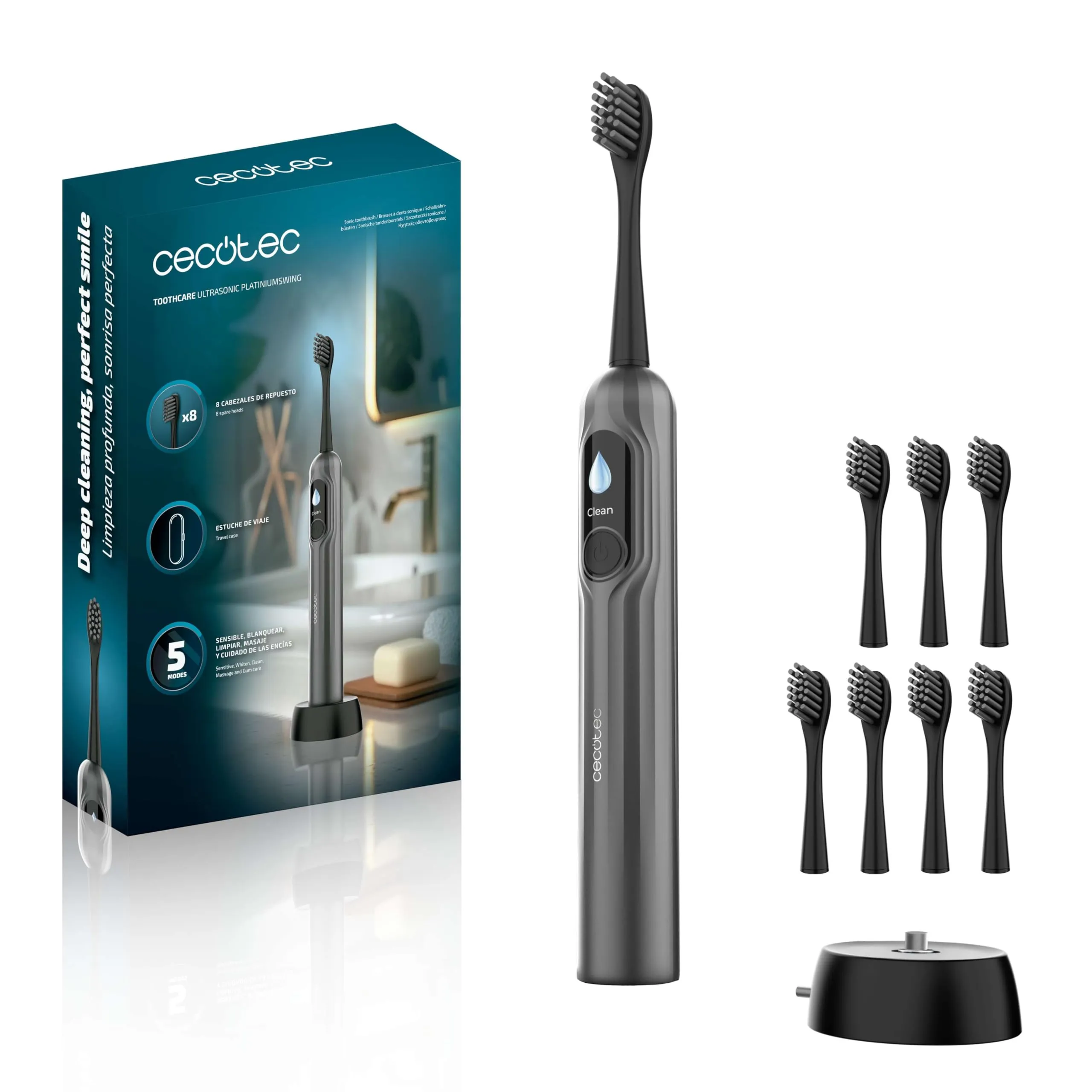Cecotec ToothCare UltraSonic PlatiniumSwing Spazzolino Elettrico Sonico, 50000rpm, 5 Modalità, 8 Teste, Schermo, Ricarica Wireless e Custodia - immagine 1