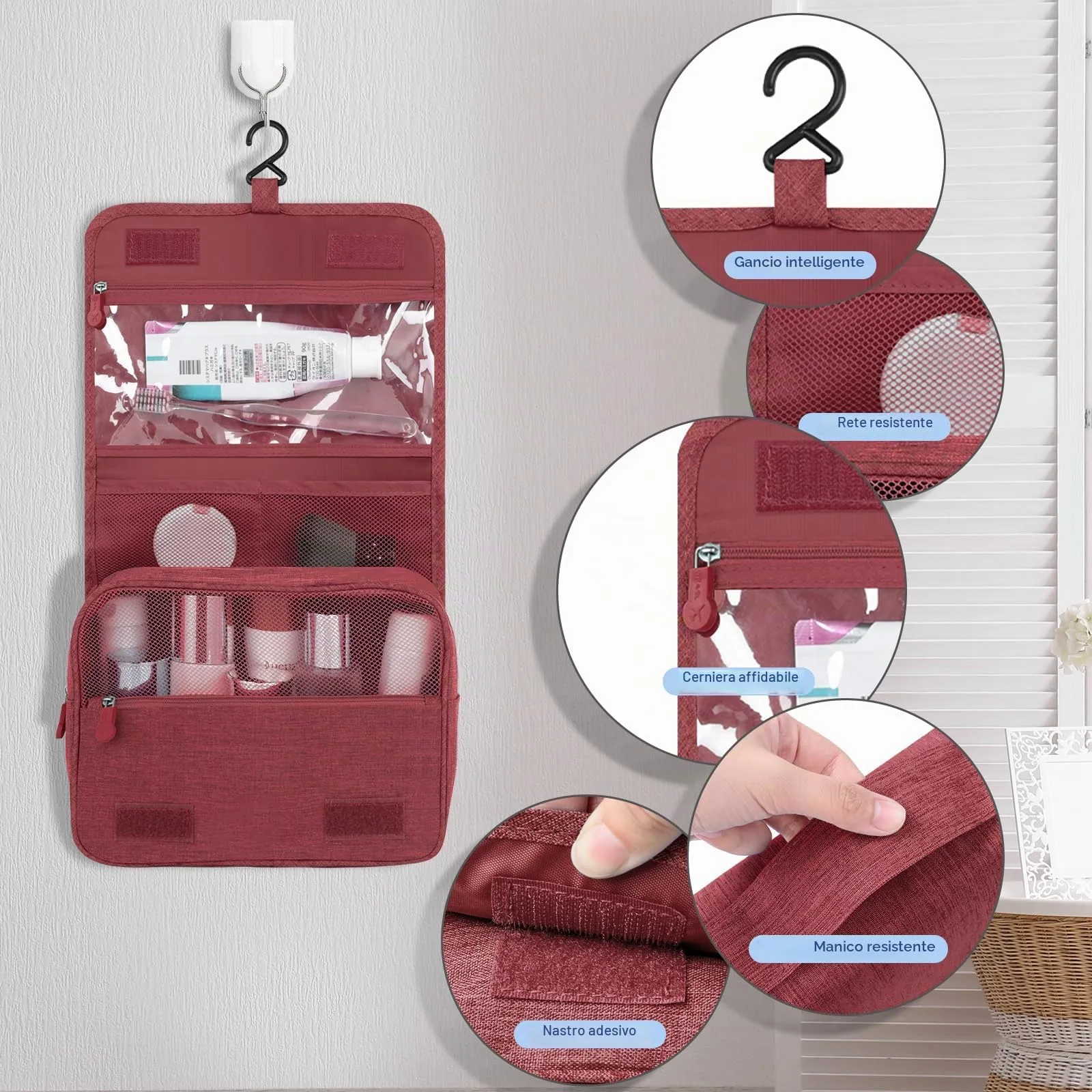 AiQInu Beauty Case da Viaggio, Borsa da Toilette Impermeabile con Gancio per Appendere - immagine 4