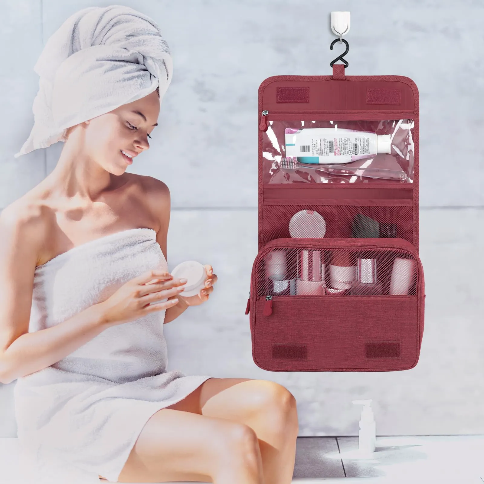 AiQInu Beauty Case da Viaggio, Borsa da Toilette Impermeabile con Gancio per Appendere - immagine 6