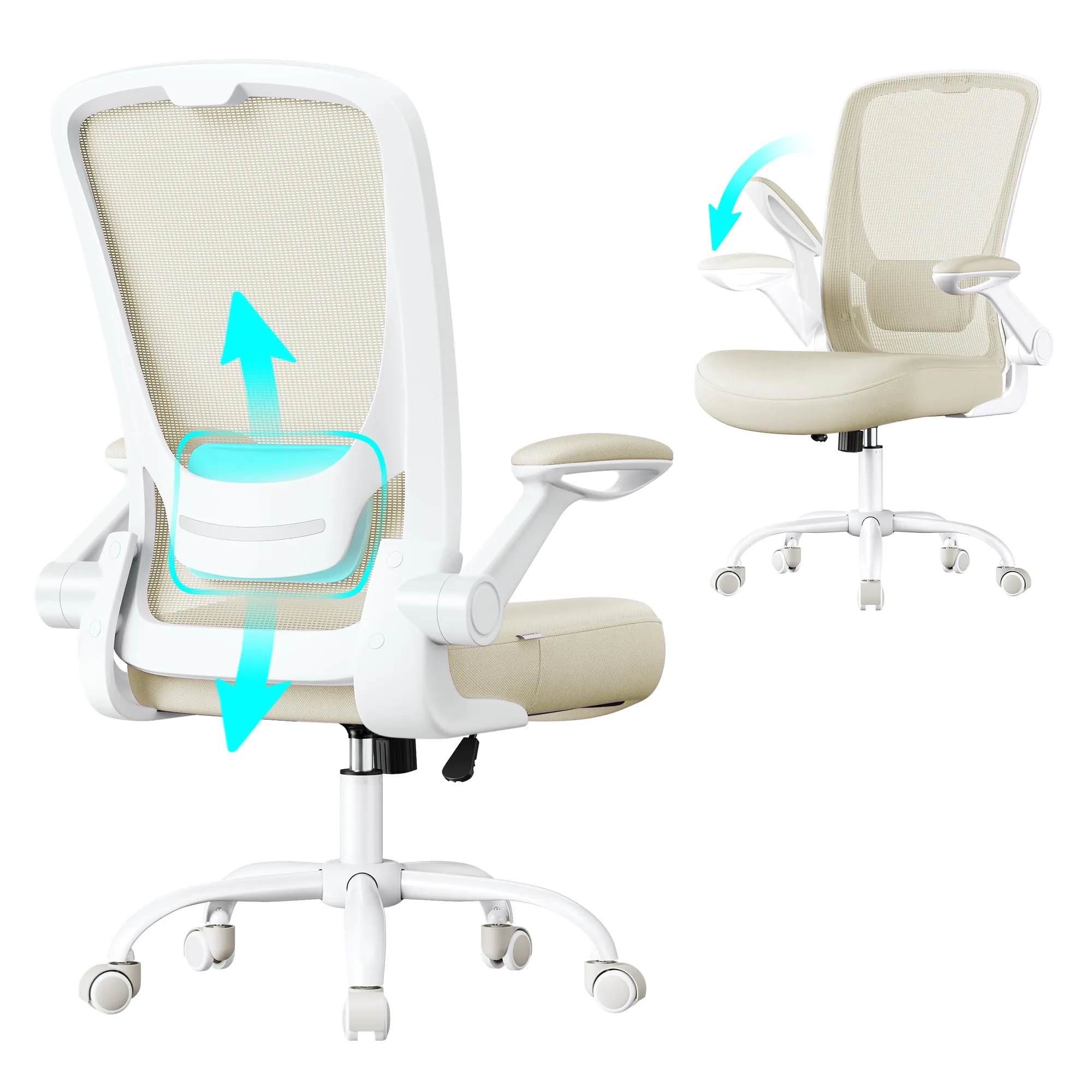 SONGMICS Sedia da Ufficio Girevole Ergonomica in Rete, Supporto Lombare, Braccioli Pieghevoli, Beige Cappuccino OBN037K02 - immagine 1
