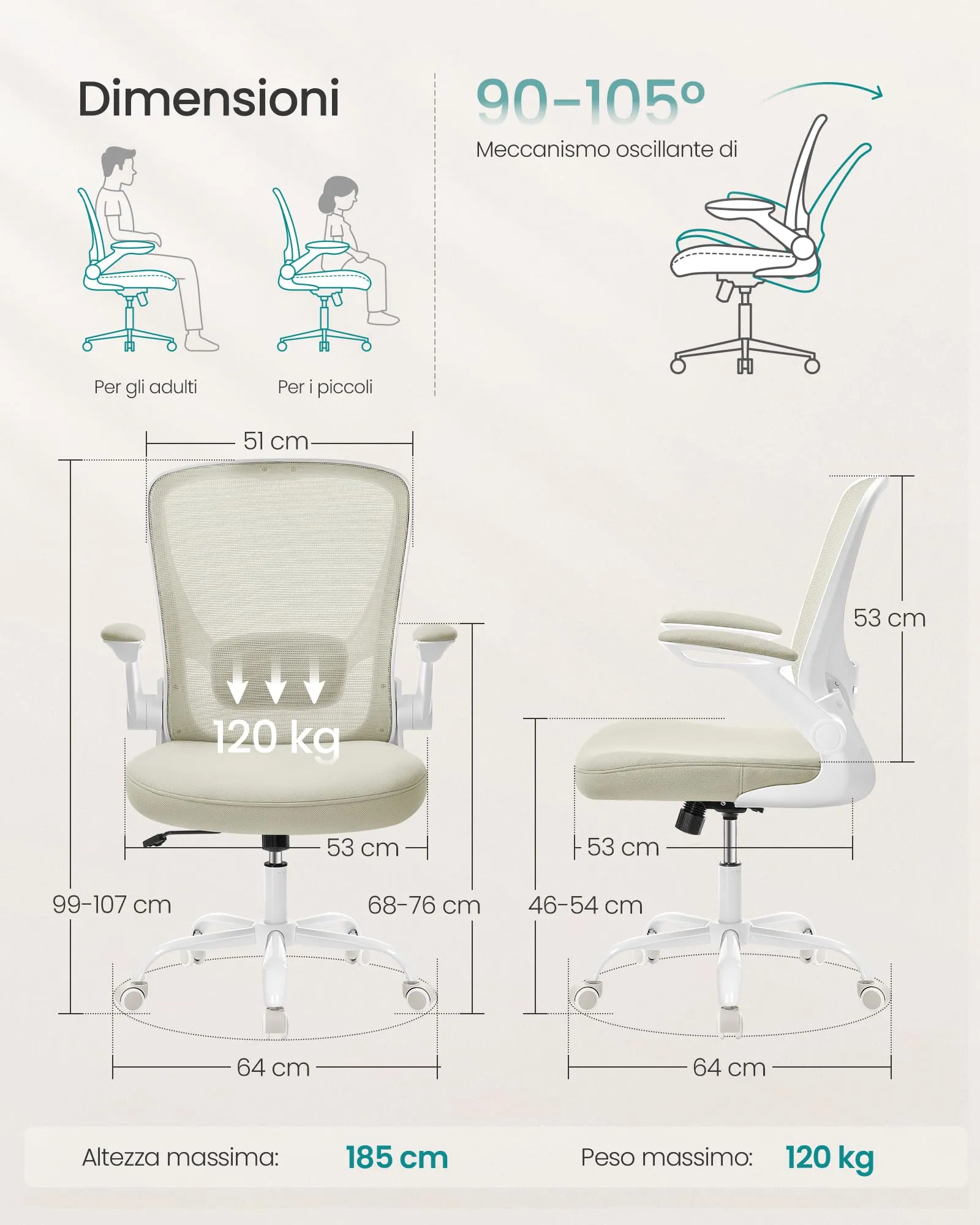 SONGMICS Sedia da Ufficio Girevole Ergonomica in Rete, Supporto Lombare, Braccioli Pieghevoli, Beige Cappuccino OBN037K02 - immagine 2