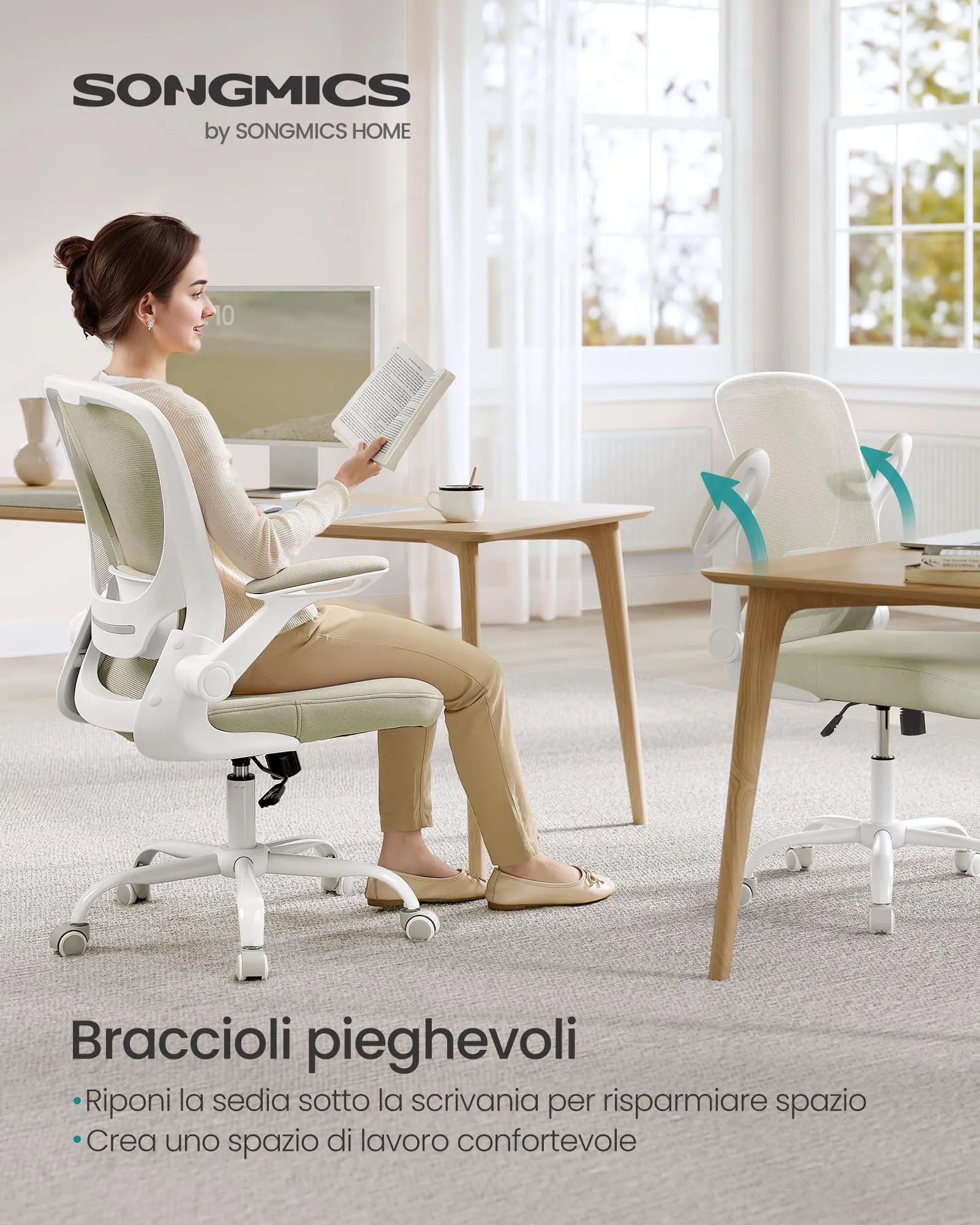 SONGMICS Sedia da Ufficio Girevole Ergonomica in Rete, Supporto Lombare, Braccioli Pieghevoli, Beige Cappuccino OBN037K02 - immagine 3