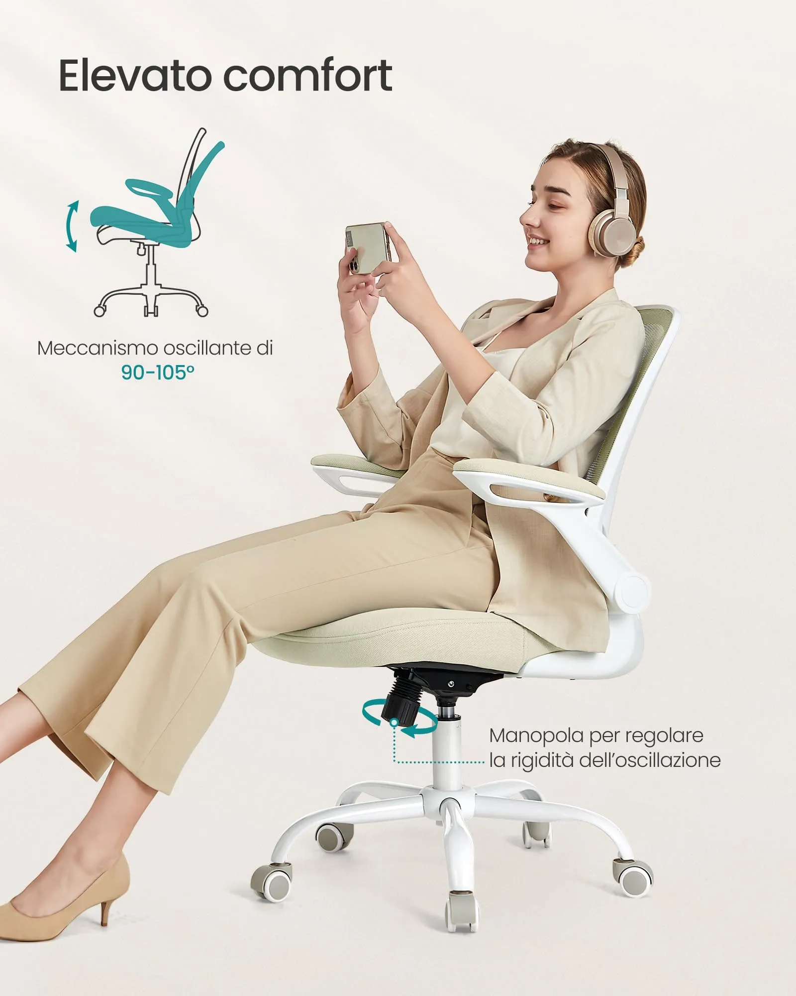 SONGMICS Sedia da Ufficio Girevole Ergonomica in Rete, Supporto Lombare, Braccioli Pieghevoli, Beige Cappuccino OBN037K02 - immagine 4