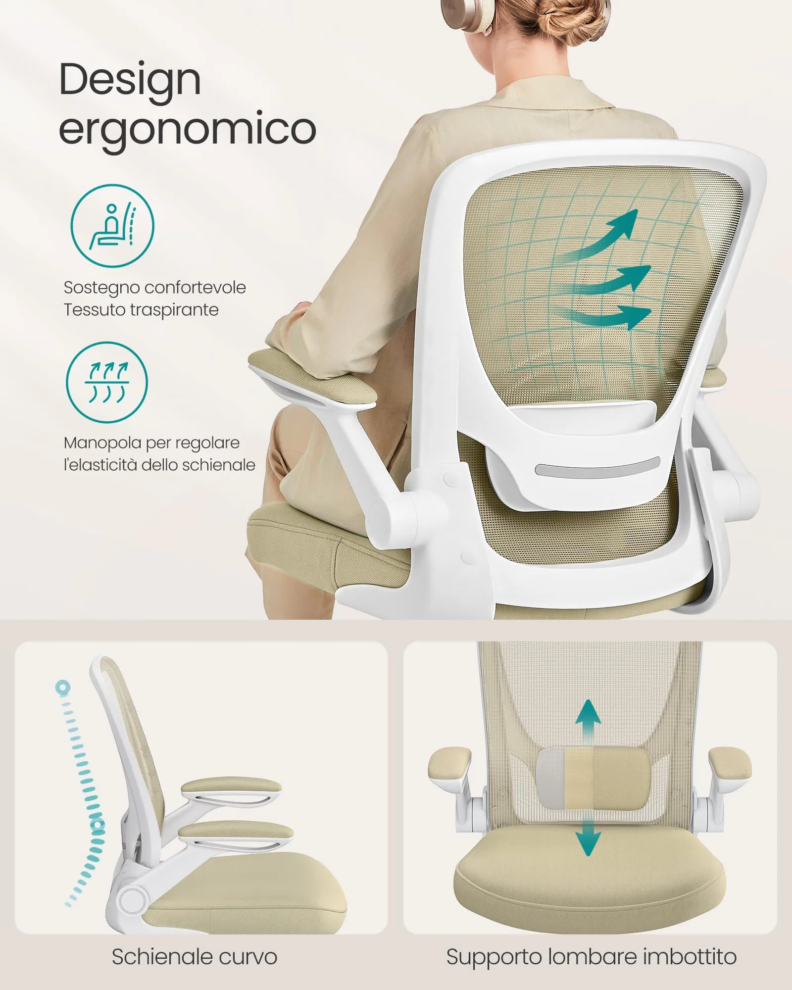 SONGMICS Sedia da Ufficio Girevole Ergonomica in Rete, Supporto Lombare, Braccioli Pieghevoli, Beige Cappuccino OBN037K02 - immagine 7
