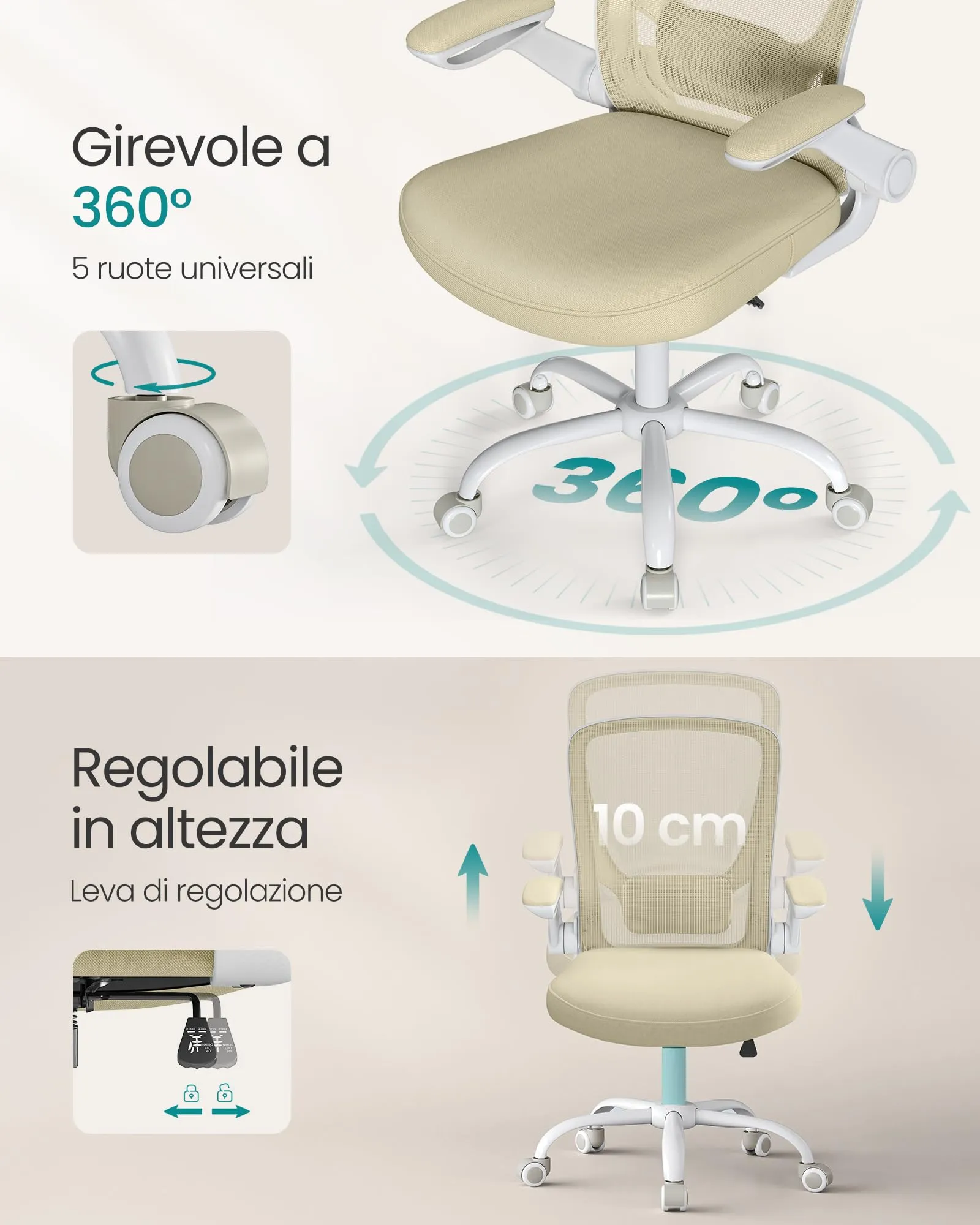 SONGMICS Sedia da Ufficio Girevole Ergonomica in Rete, Supporto Lombare, Braccioli Pieghevoli, Beige Cappuccino OBN037K02 - immagine 8