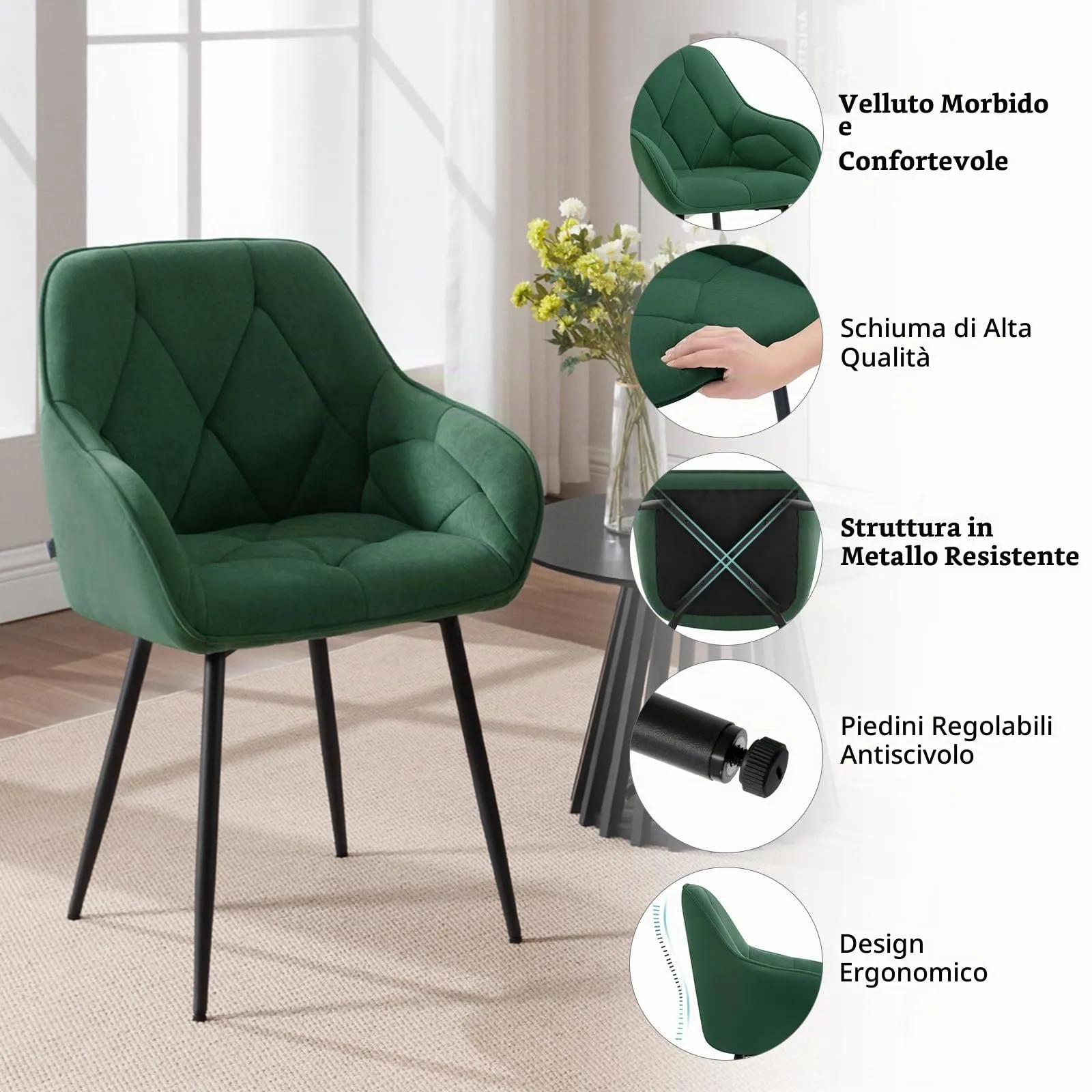 WOLTU Set di 6 Sedie da Pranzo con Braccioli e Schienale, Verde Scuro, EZS02dgn-6 - immagine 4
