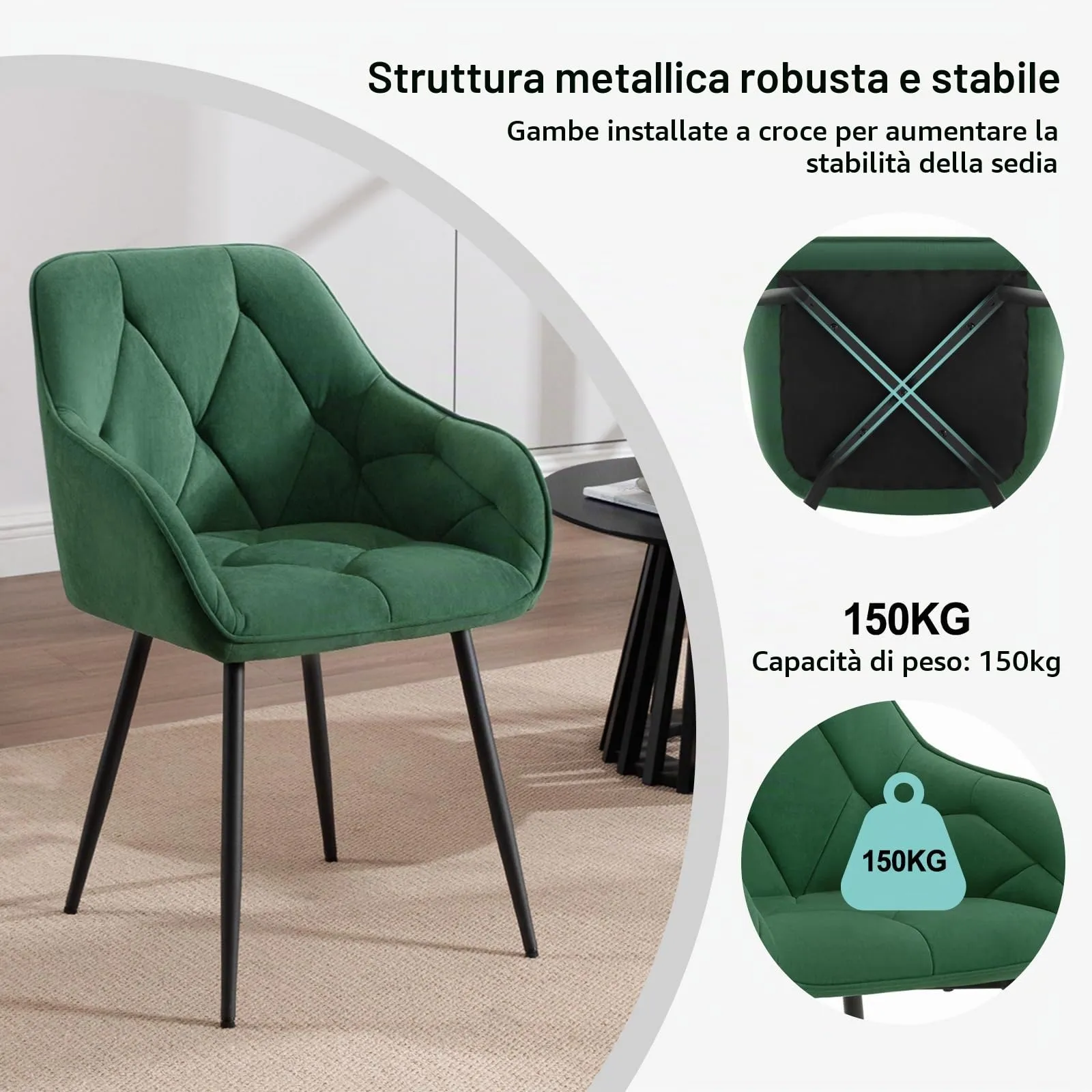 WOLTU Set di 6 Sedie da Pranzo con Braccioli e Schienale, Verde Scuro, EZS02dgn-6 - immagine 7