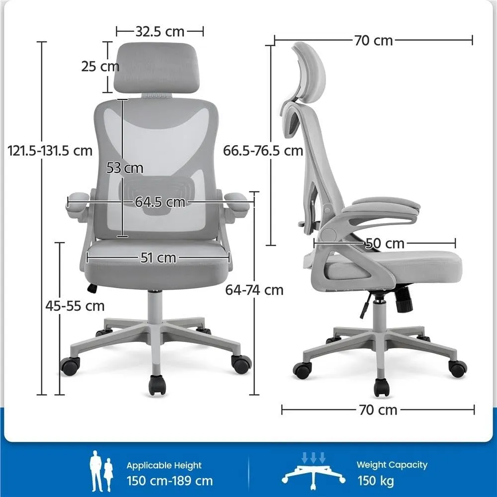 Yaheetech Sedia Ufficio Ergonomica con Supporto Lombare, Grigio Intero - immagine 3