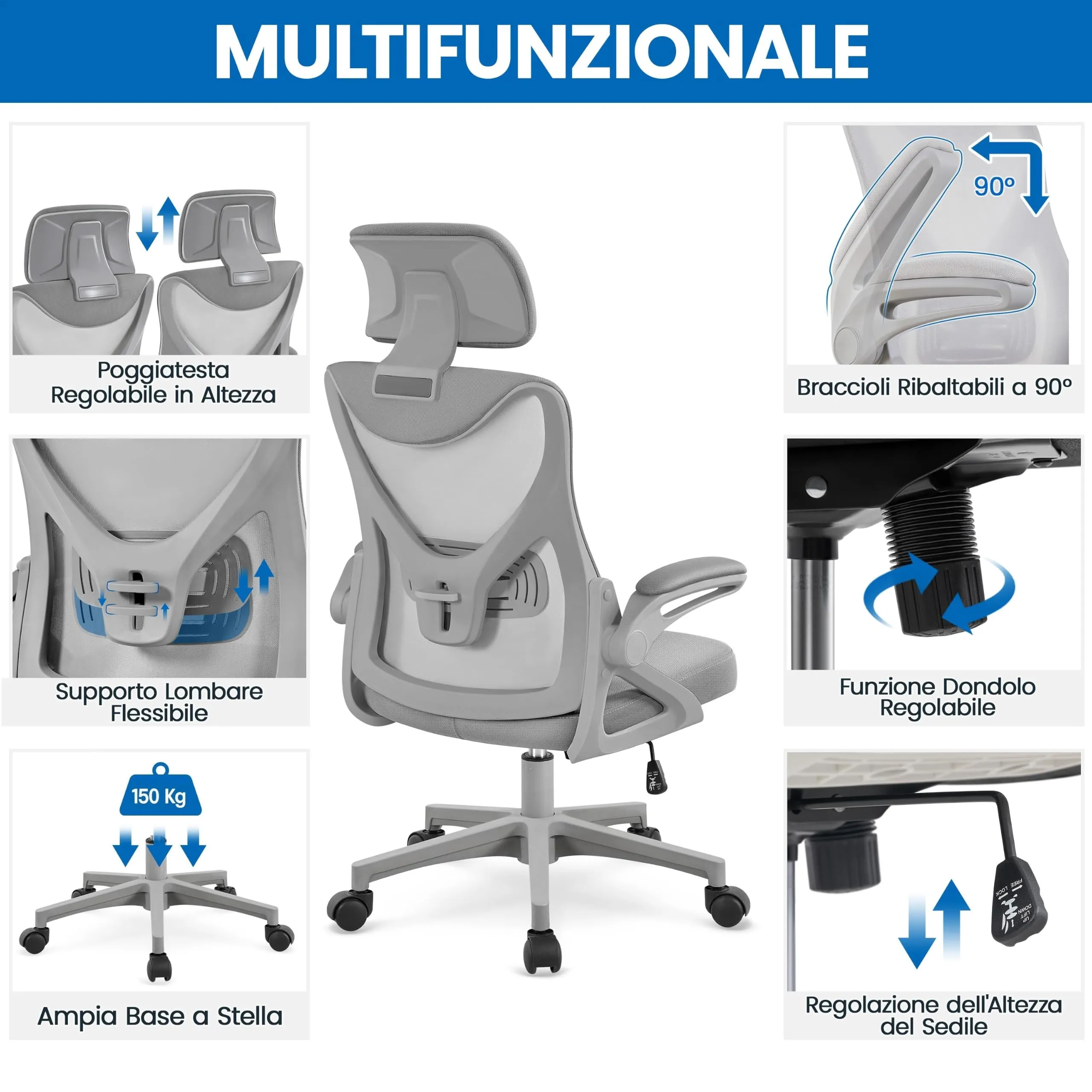 Yaheetech Sedia Ufficio Ergonomica con Supporto Lombare, Grigio Intero - immagine 4
