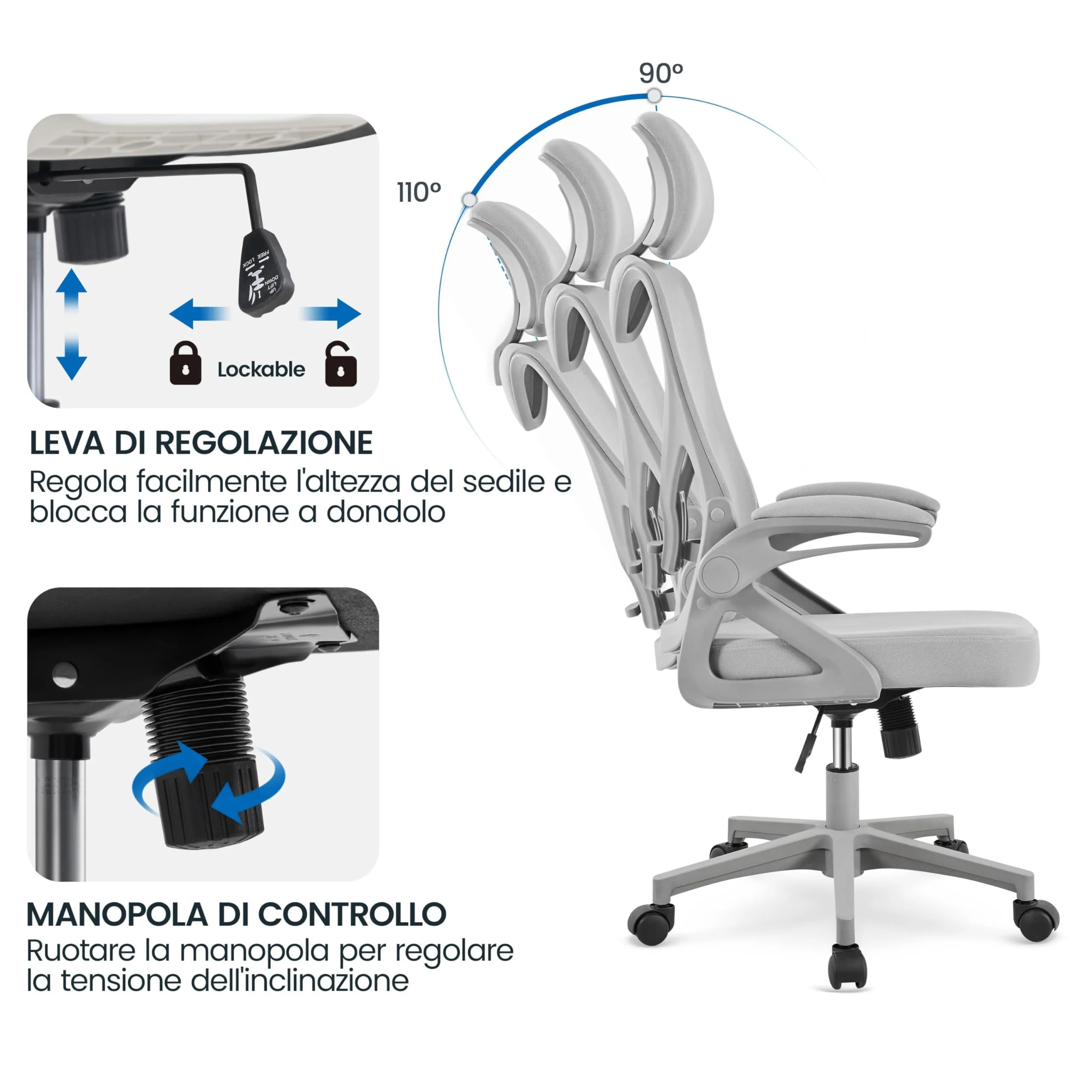 Yaheetech Sedia Ufficio Ergonomica con Supporto Lombare, Grigio Intero - immagine 5