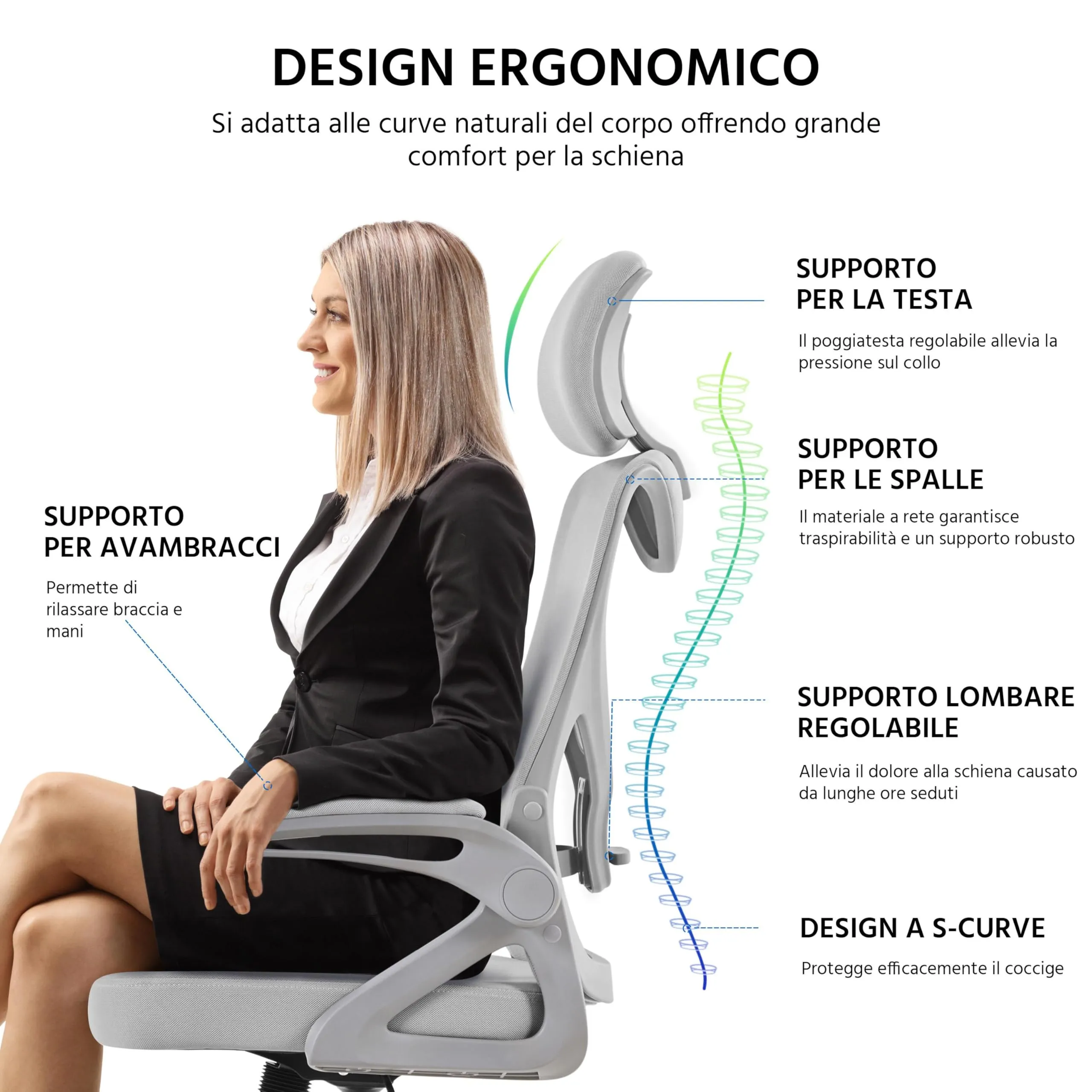 Yaheetech Sedia Ufficio Ergonomica con Supporto Lombare, Grigio Intero - immagine 7