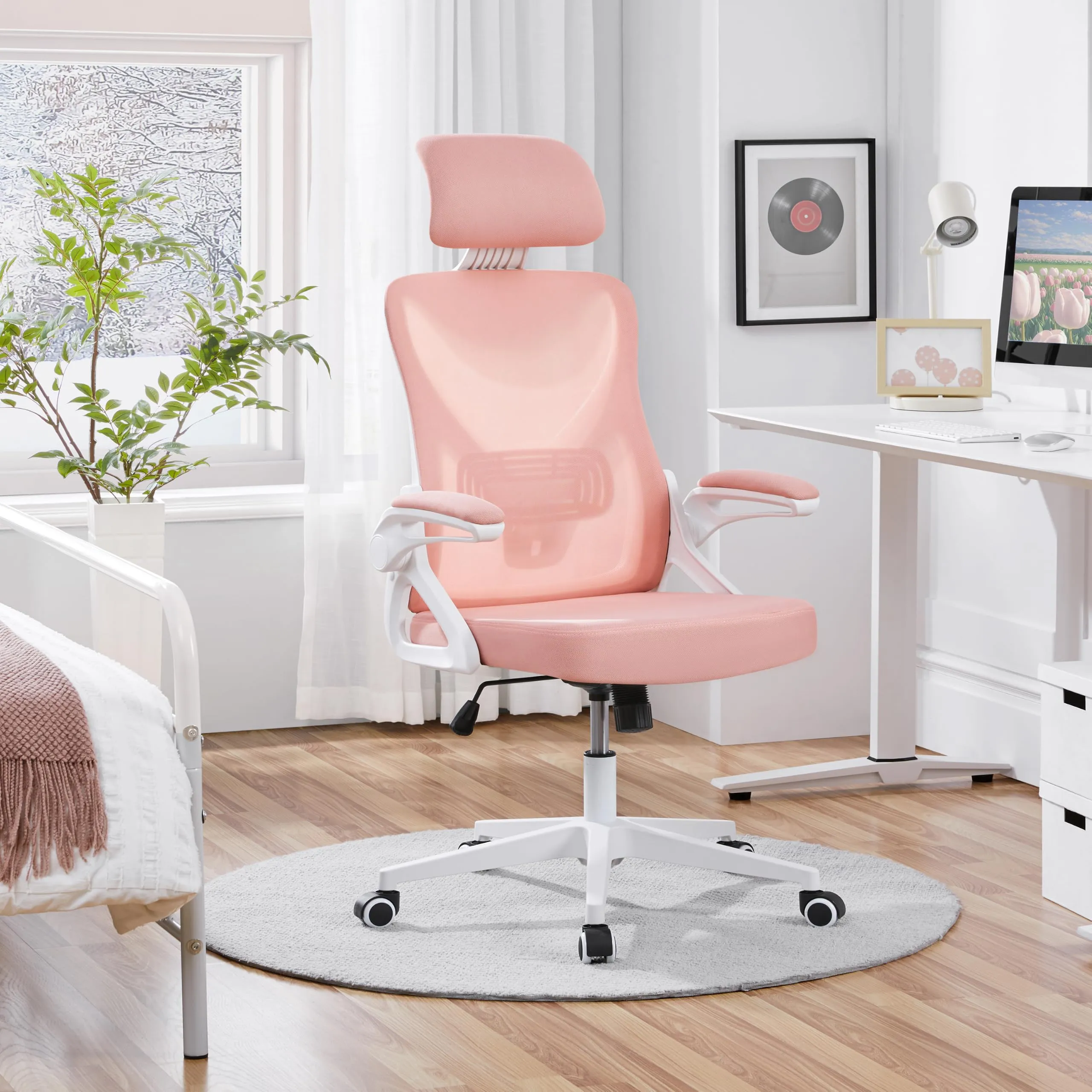 Yaheetech Sedia da Ufficio Ergonomica con Supporto Lombare, Bianco/Rosa - immagine 2