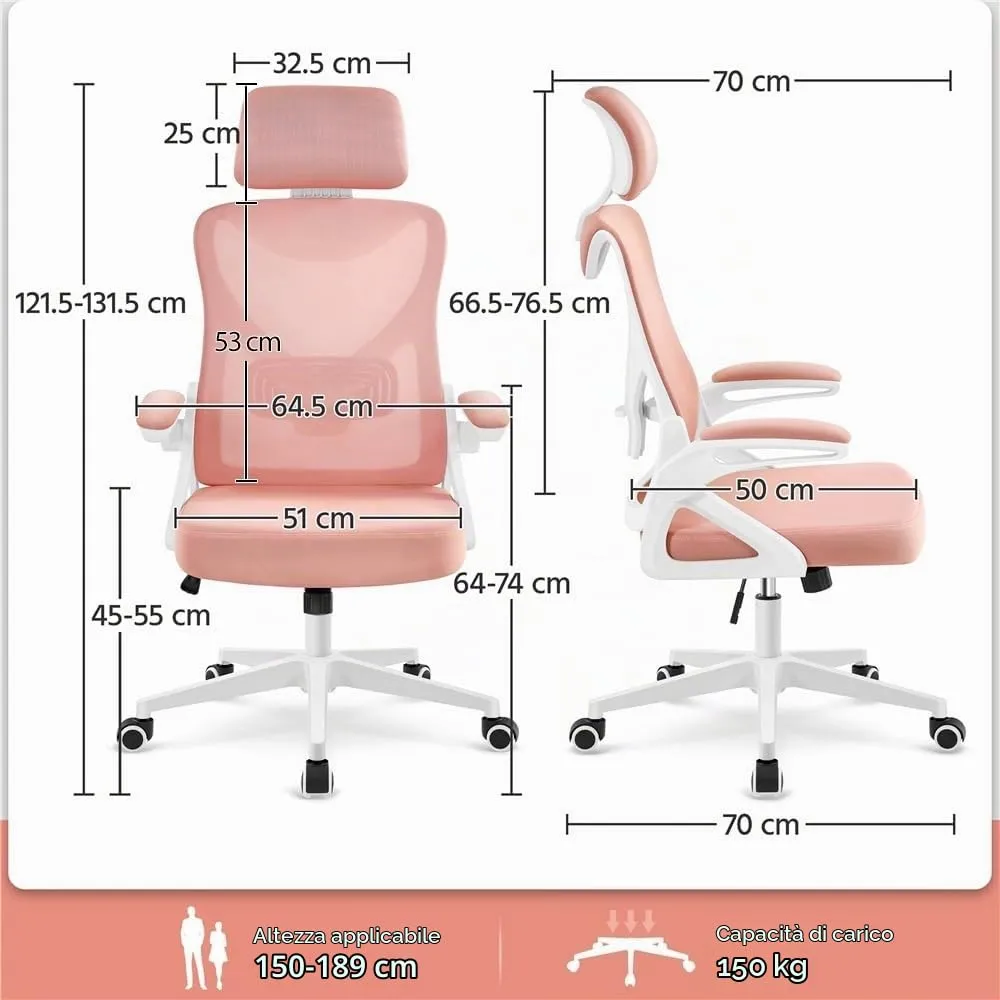 Yaheetech Sedia da Ufficio Ergonomica con Supporto Lombare, Bianco/Rosa - immagine 3