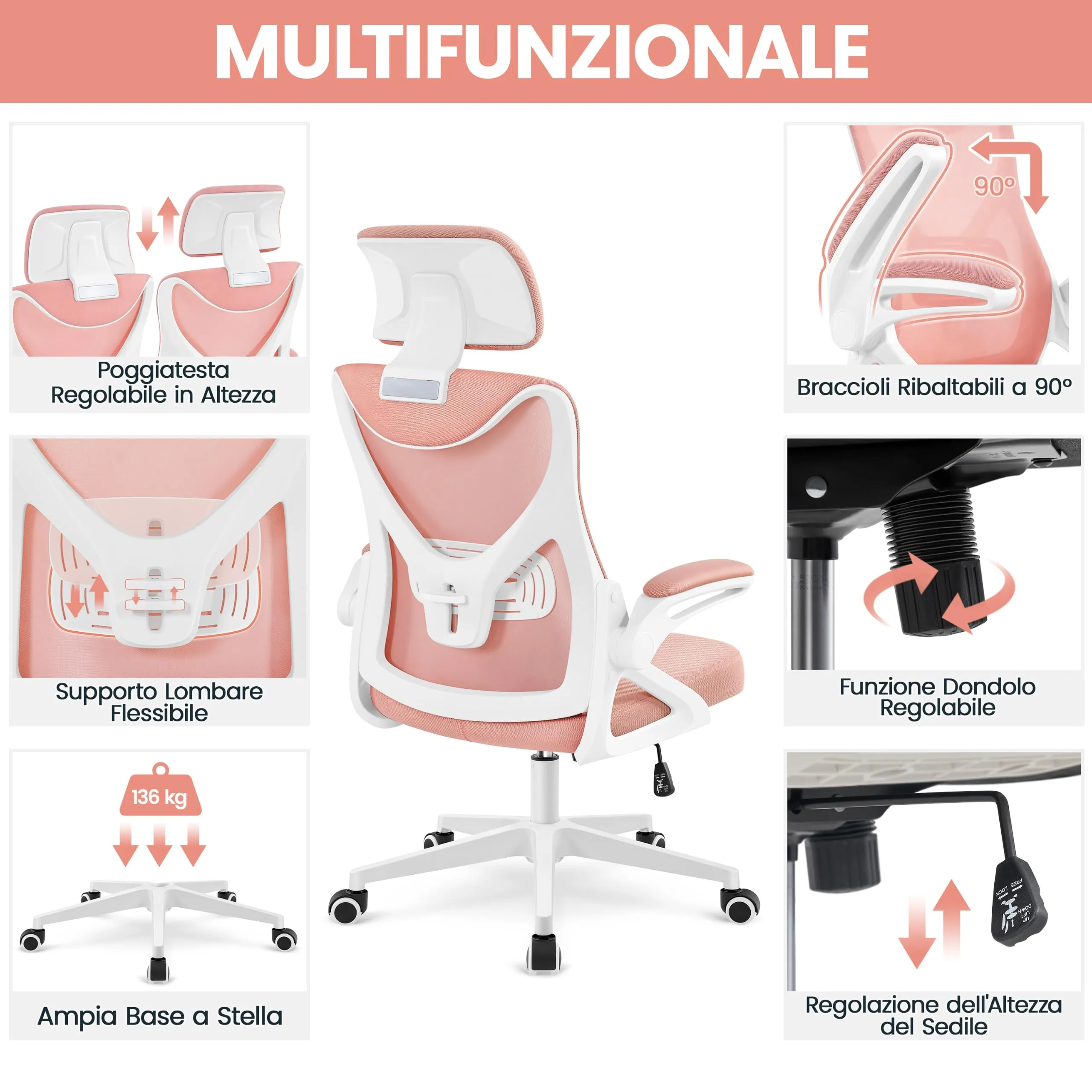 Yaheetech Sedia da Ufficio Ergonomica con Supporto Lombare, Bianco/Rosa - immagine 4