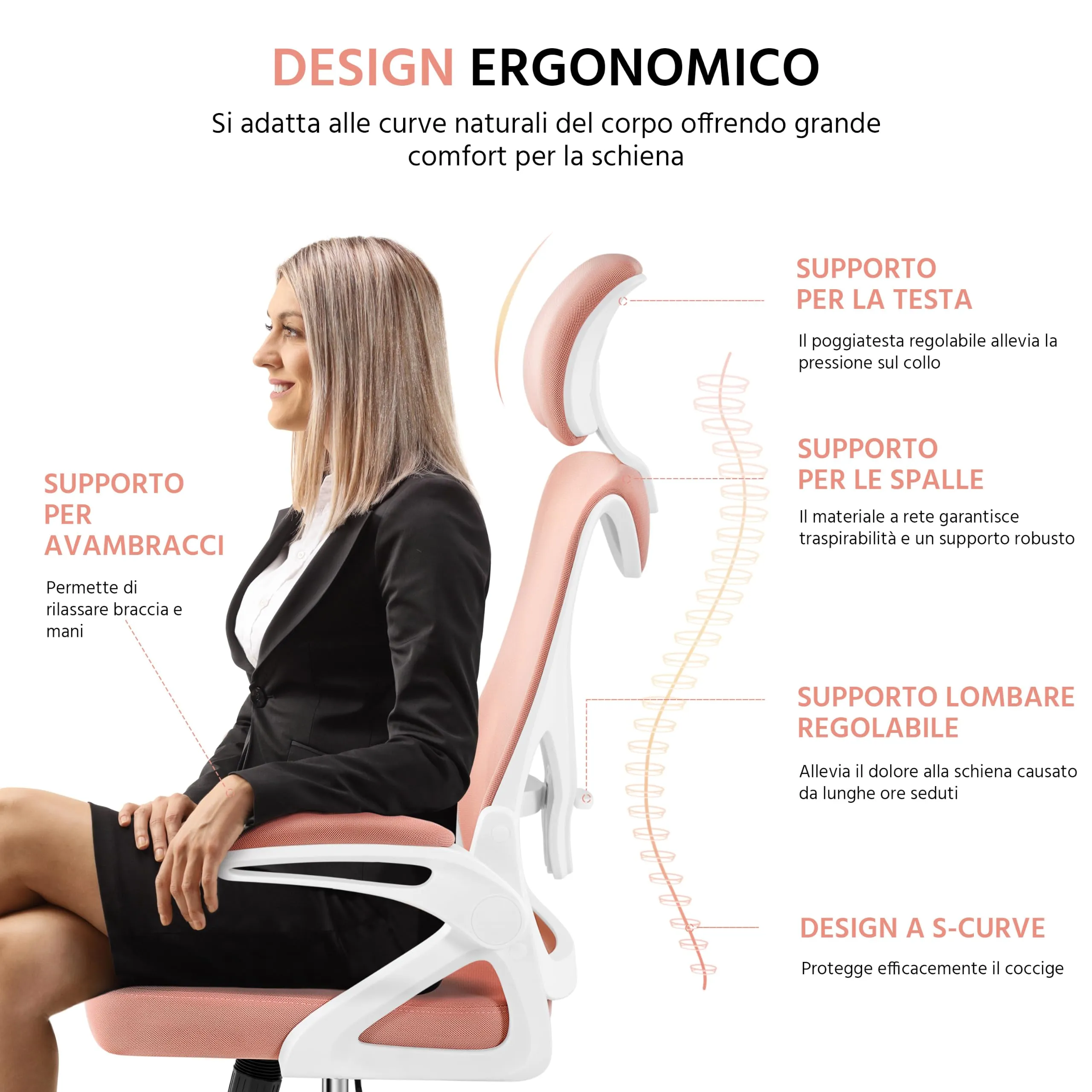 Yaheetech Sedia da Ufficio Ergonomica con Supporto Lombare, Bianco/Rosa - immagine 6