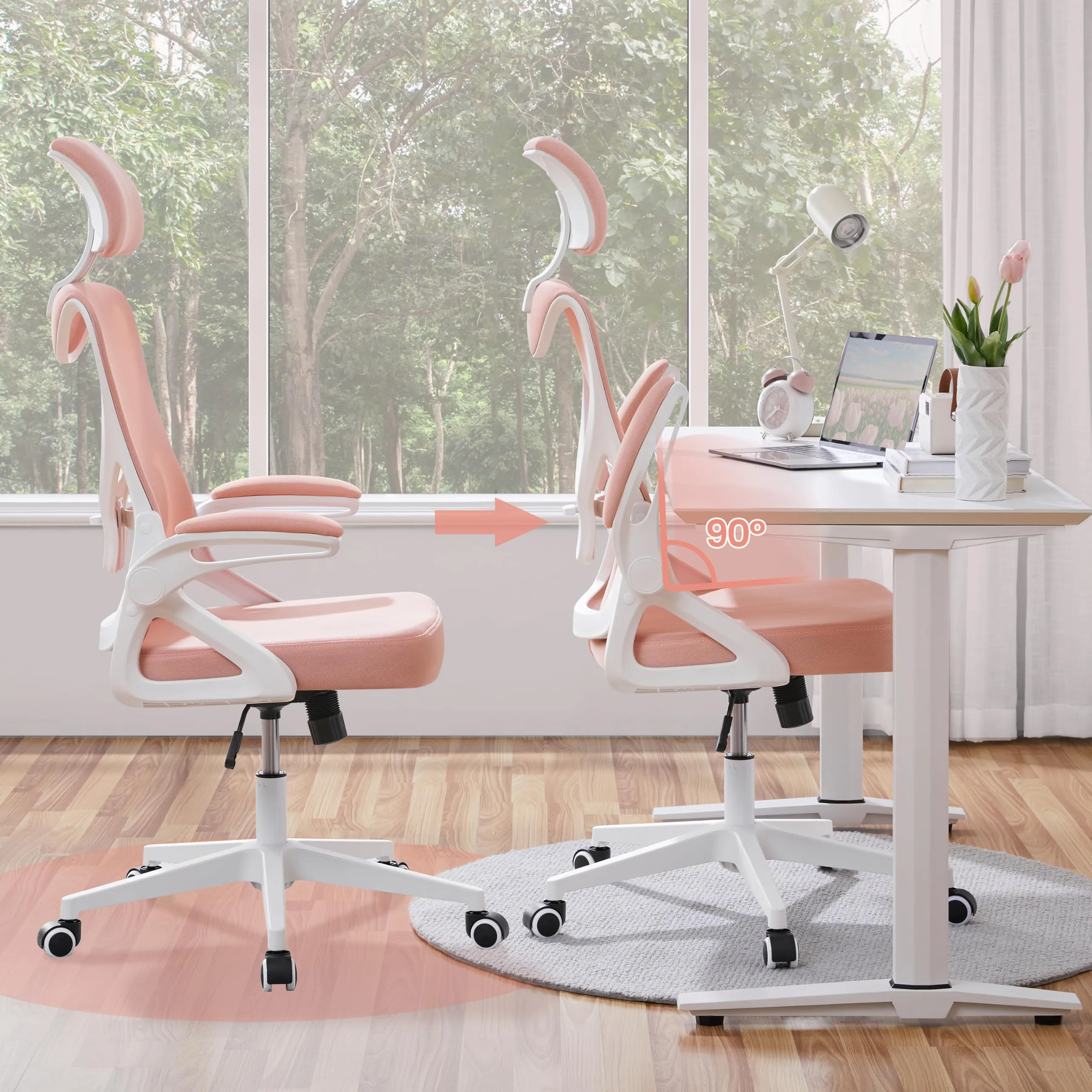 Yaheetech Sedia da Ufficio Ergonomica con Supporto Lombare, Bianco/Rosa - immagine 7