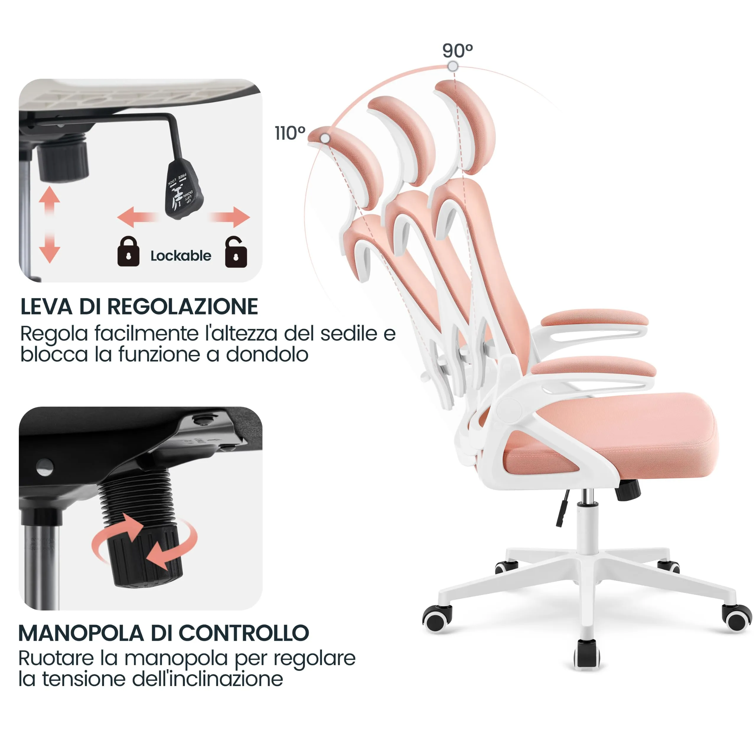 Yaheetech Sedia da Ufficio Ergonomica con Supporto Lombare, Bianco/Rosa - immagine 8
