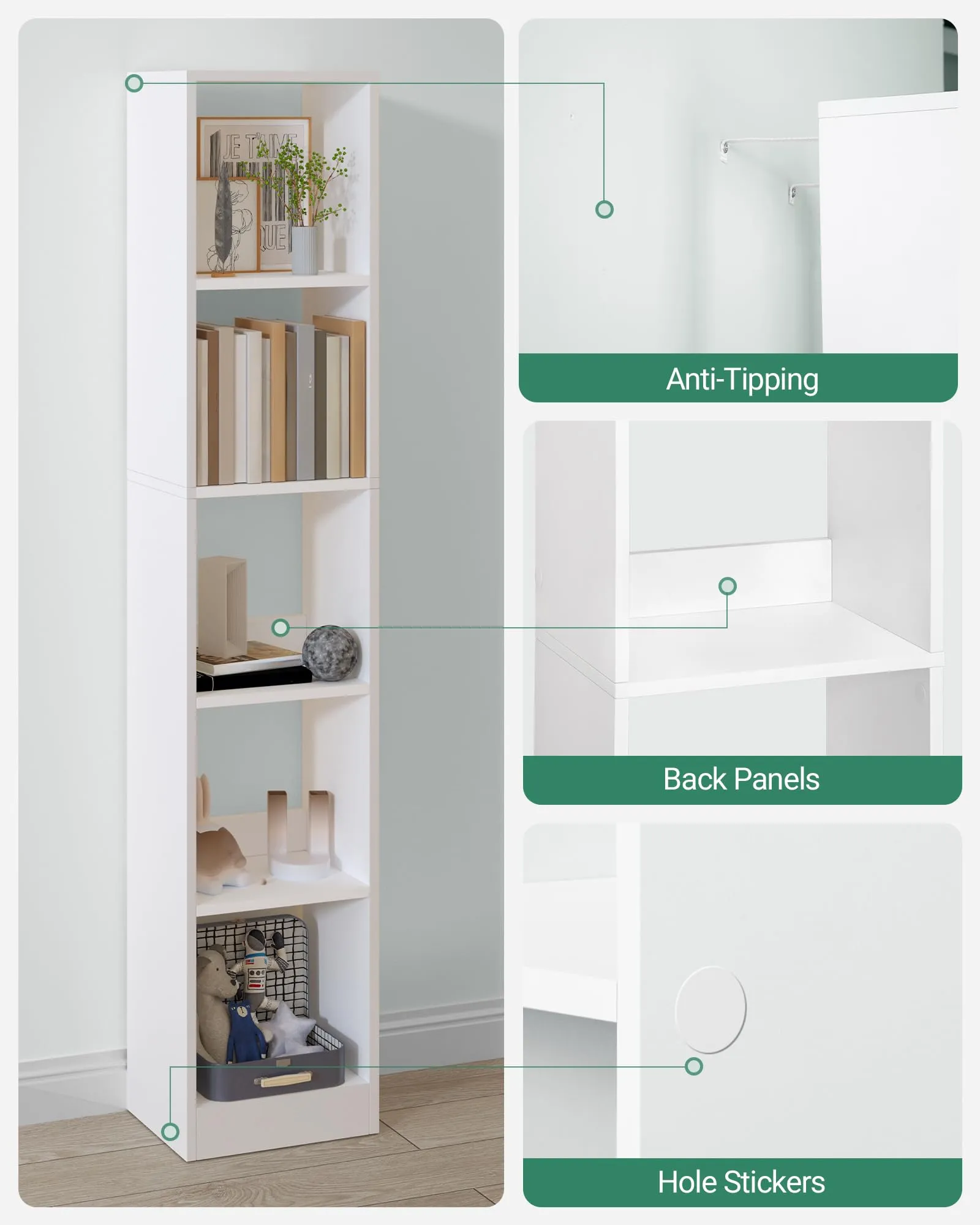 Hzuaneri Libreria a 5 Ripiani, 24 x 30 x 153,2 cm, Bianco - immagine 7
