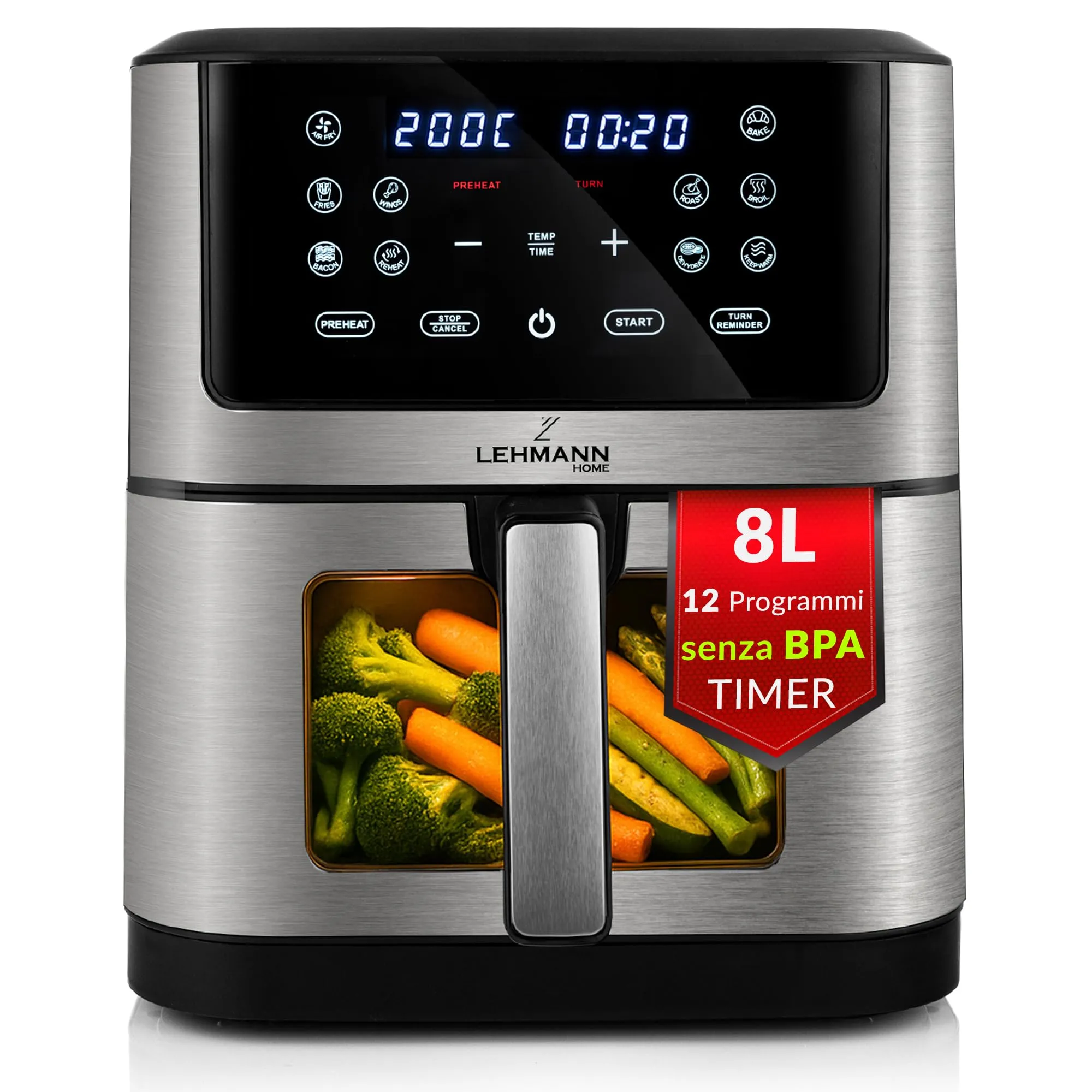 LEHMANN Friggitrice ad Aria 8L XXL, 1800W, Finestra di Visualizzazione, 12 Programmi, Display Touch, LHODF-1880B - immagine 1