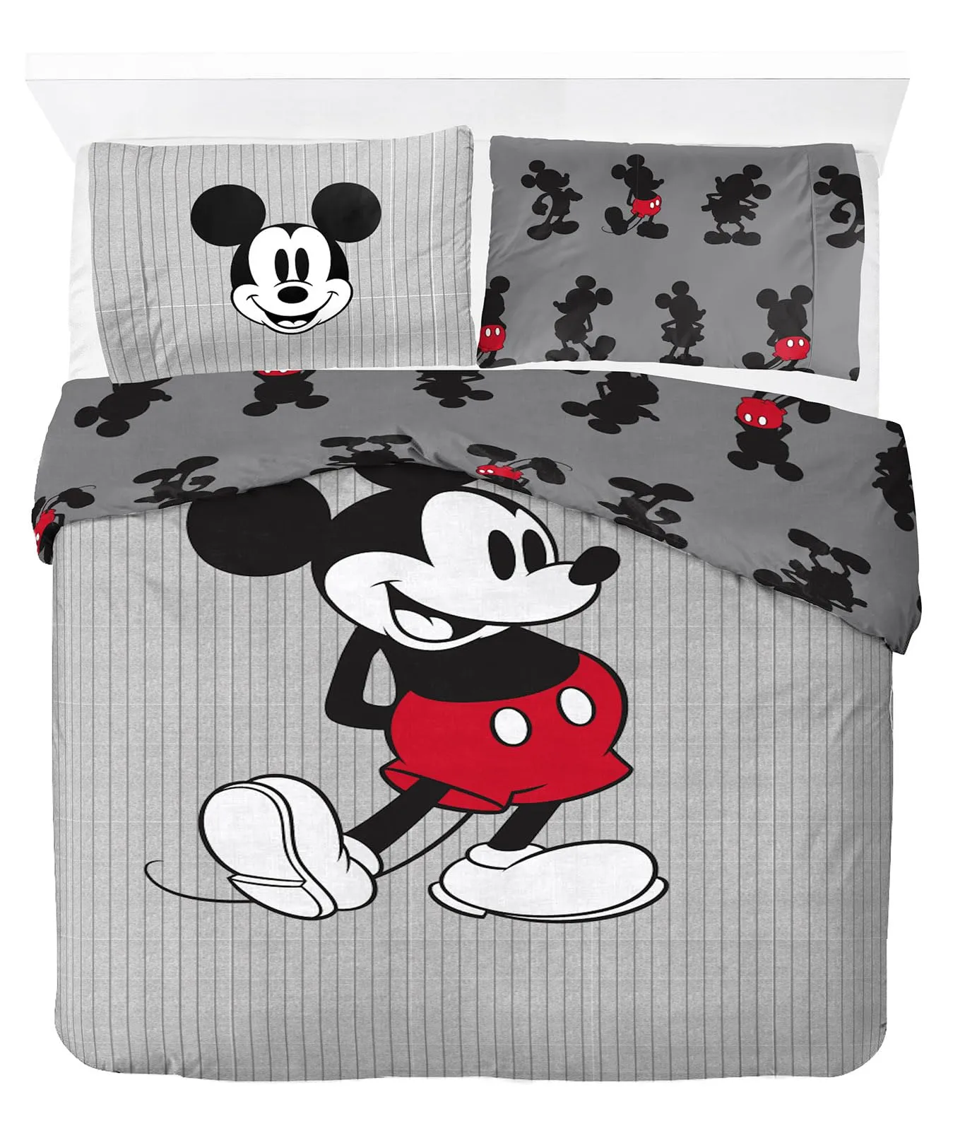 Jay Franco Completo Copripiumone Matrimoniale Disney Topolino a Strisce in Cotone, 200x200 cm, con 2 Federe 50x70 cm - Grigio - immagine 1