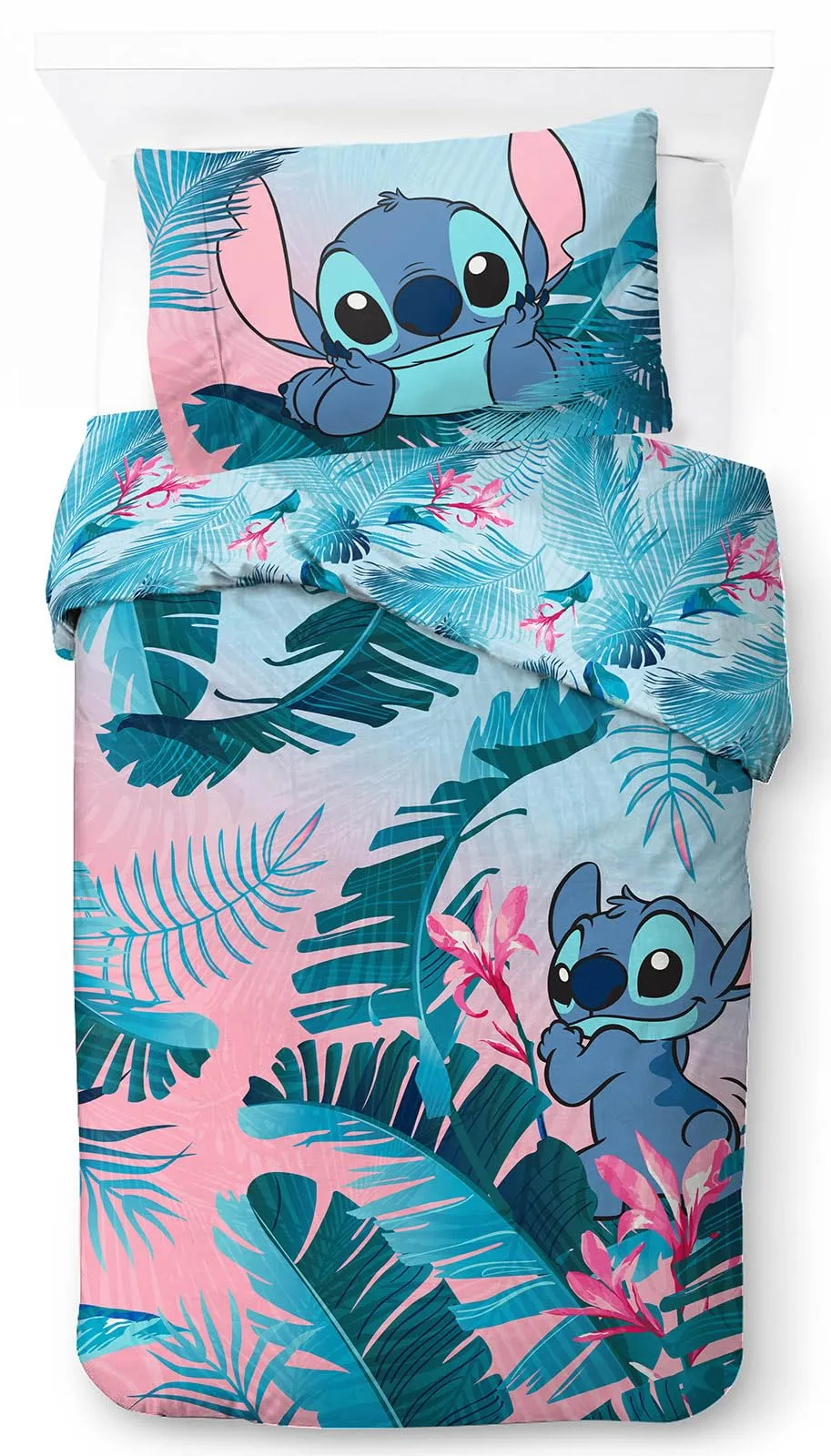 Jay Franco Completo Copripiumone Singolo Disney Lilo & Stitch Floreale, 100% Cotone, include Federa 50x70 - immagine 1