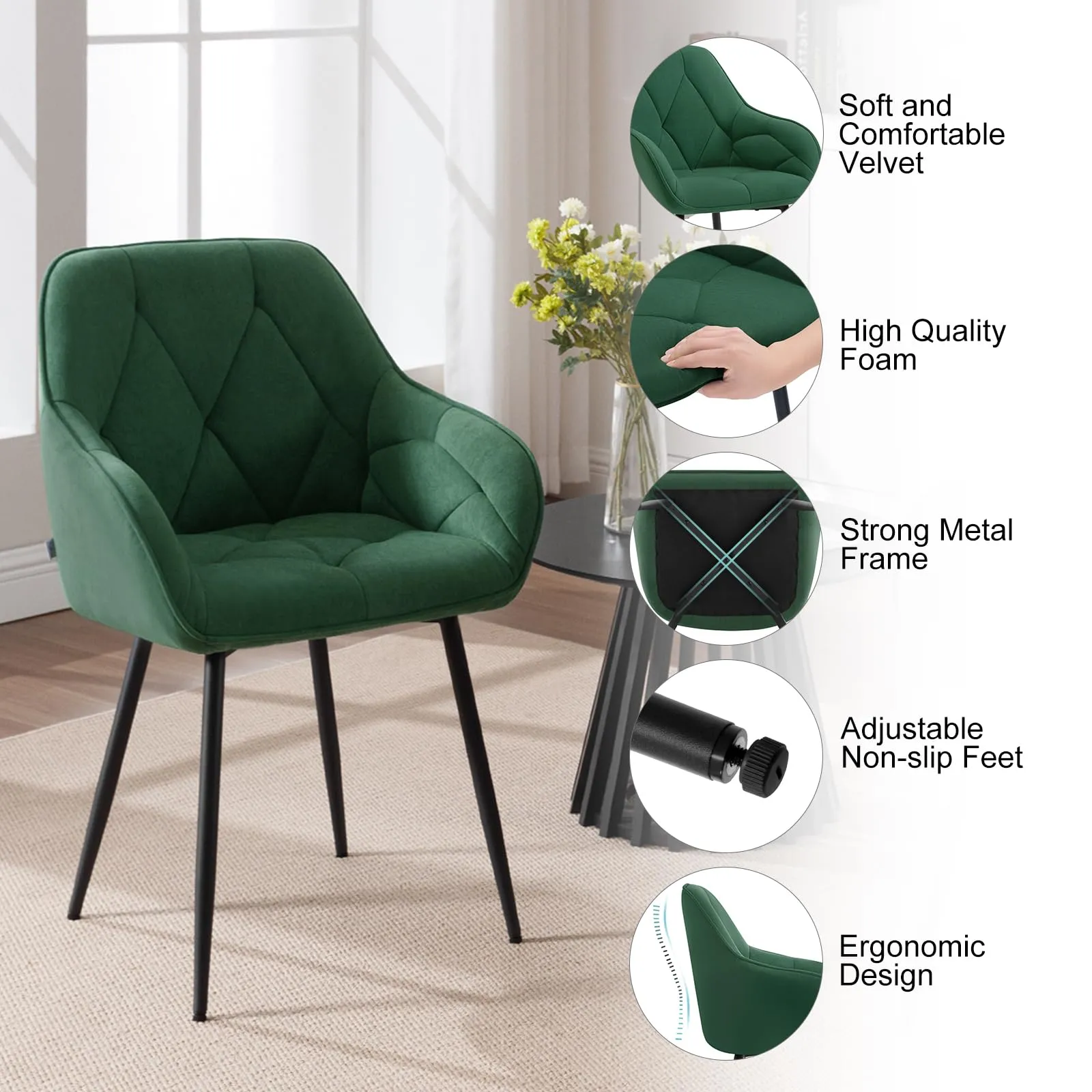 WOLTU Set di 2 Sedie da Pranzo con Braccioli e Schienale, Verde Scuro - immagine 4