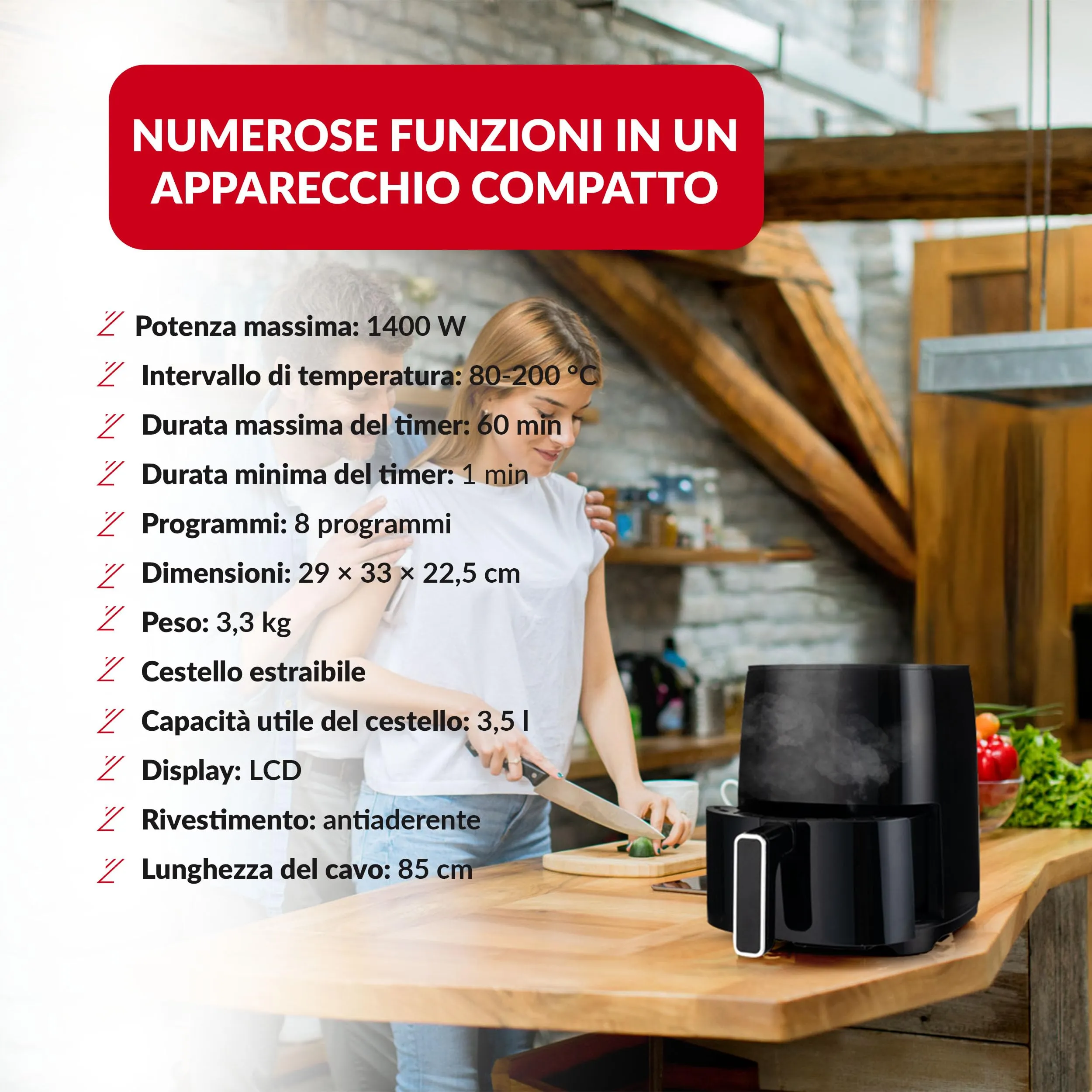 LEHMANN Friggitrice ad Aria 3,5 Litri 8 in 1 con Finestra di Visualizzazione, LHODF-2811 - immagine 4