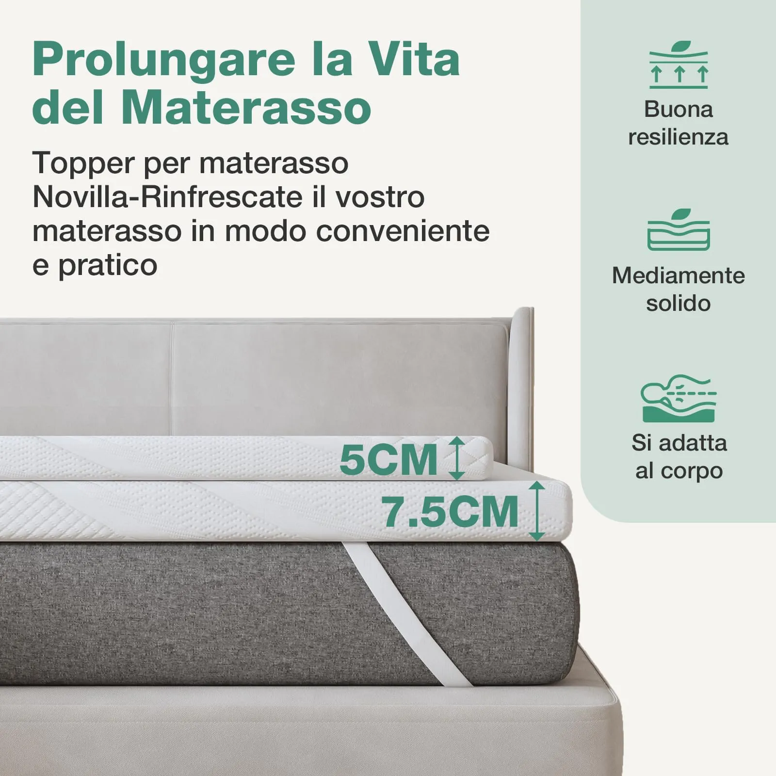 Novilla Topper Singolo Memory Foam 90x190x5cm, Copertura Lavabile - immagine 9