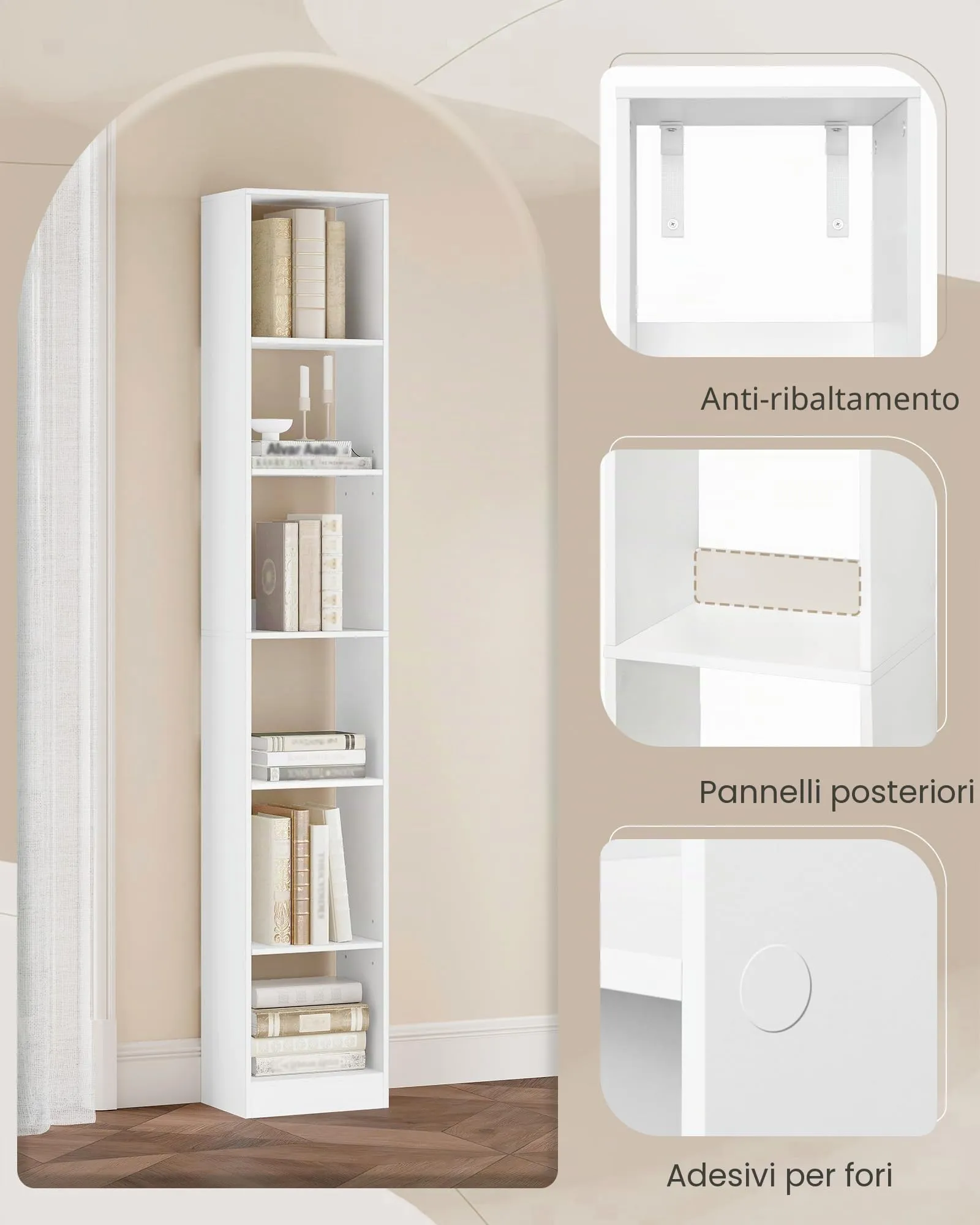 Hzuaneri Libreria a 6 Ripiani, 24 x 30 x 183 cm, Bianco - immagine 5