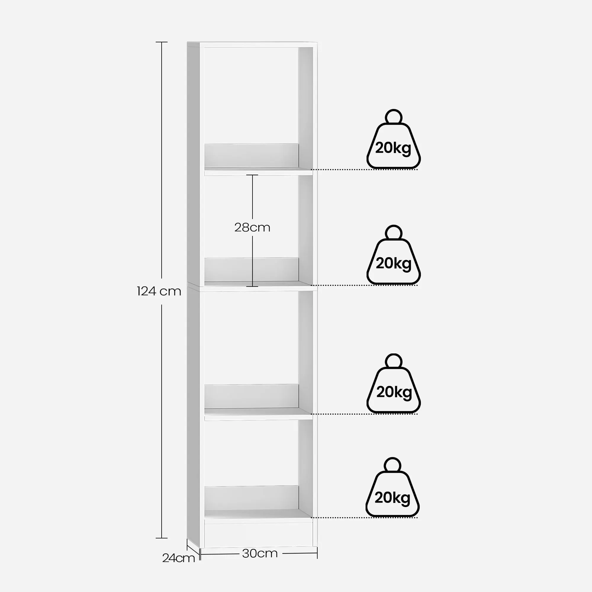 Hzuaneri Libreria a 4 Ripiani, 24 x 30 x 124 cm, Bianco - immagine 5