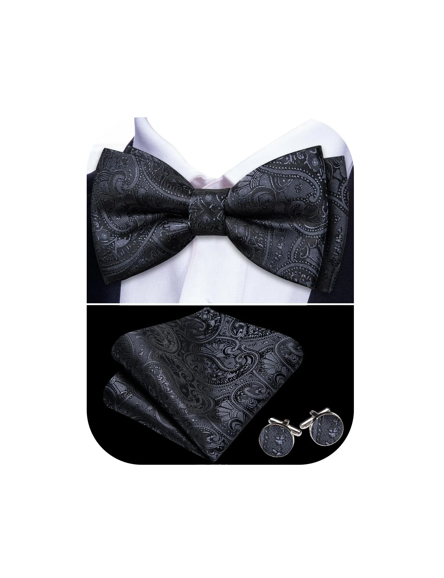 Barry.Wang Set Papillon in Seta Paisley Pre-annodato con Fazzoletto e Gemelli, Nero Paisley, Taglia Unica - immagine 1