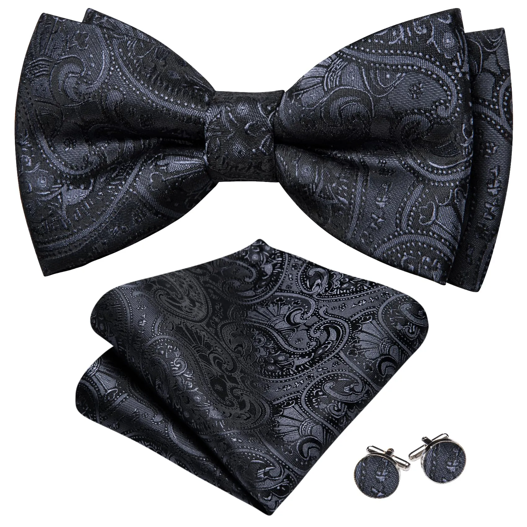 Barry.Wang Set Papillon in Seta Paisley Pre-annodato con Fazzoletto e Gemelli, Nero Paisley, Taglia Unica - immagine 3