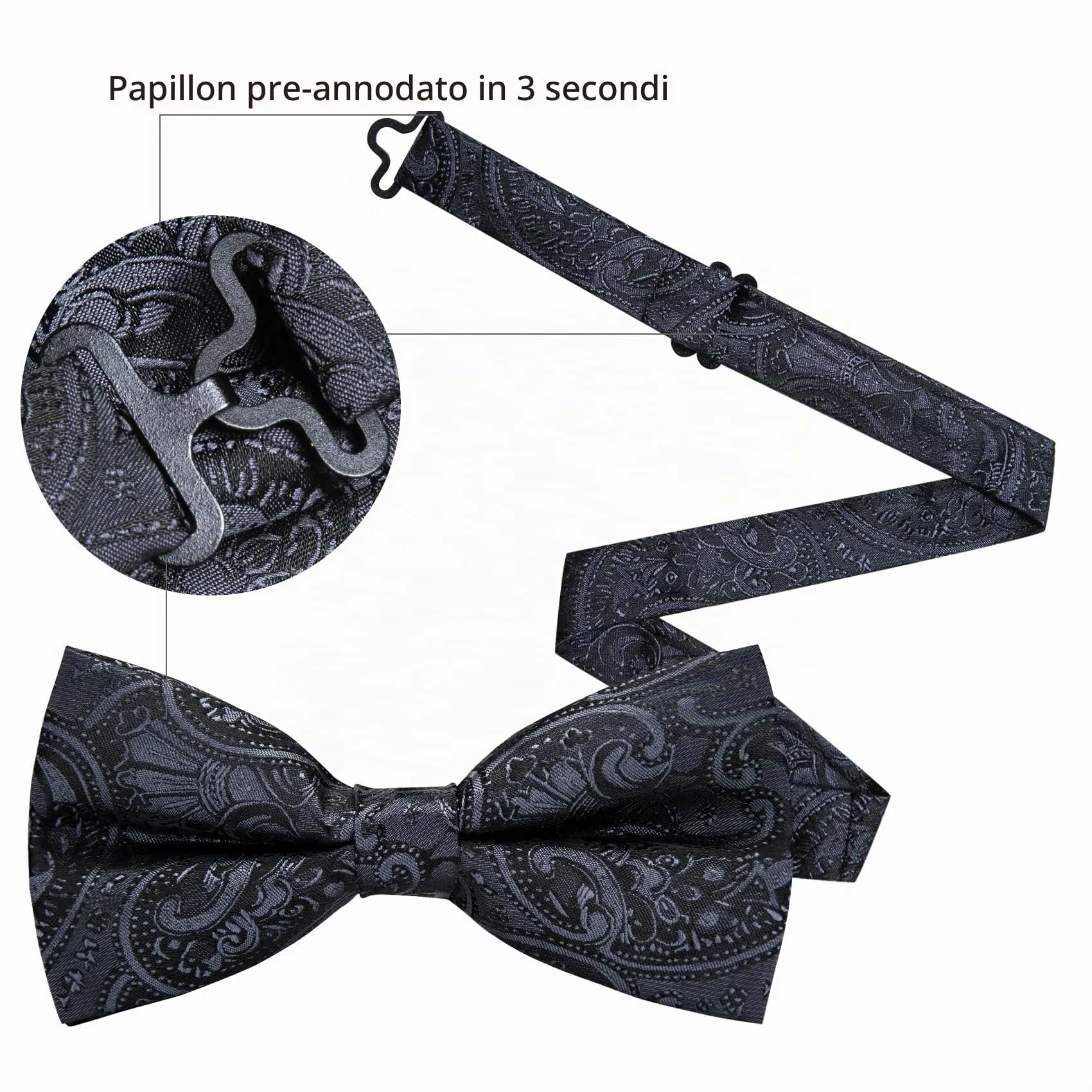 Barry.Wang Set Papillon in Seta Paisley Pre-annodato con Fazzoletto e Gemelli, Nero Paisley, Taglia Unica - immagine 4