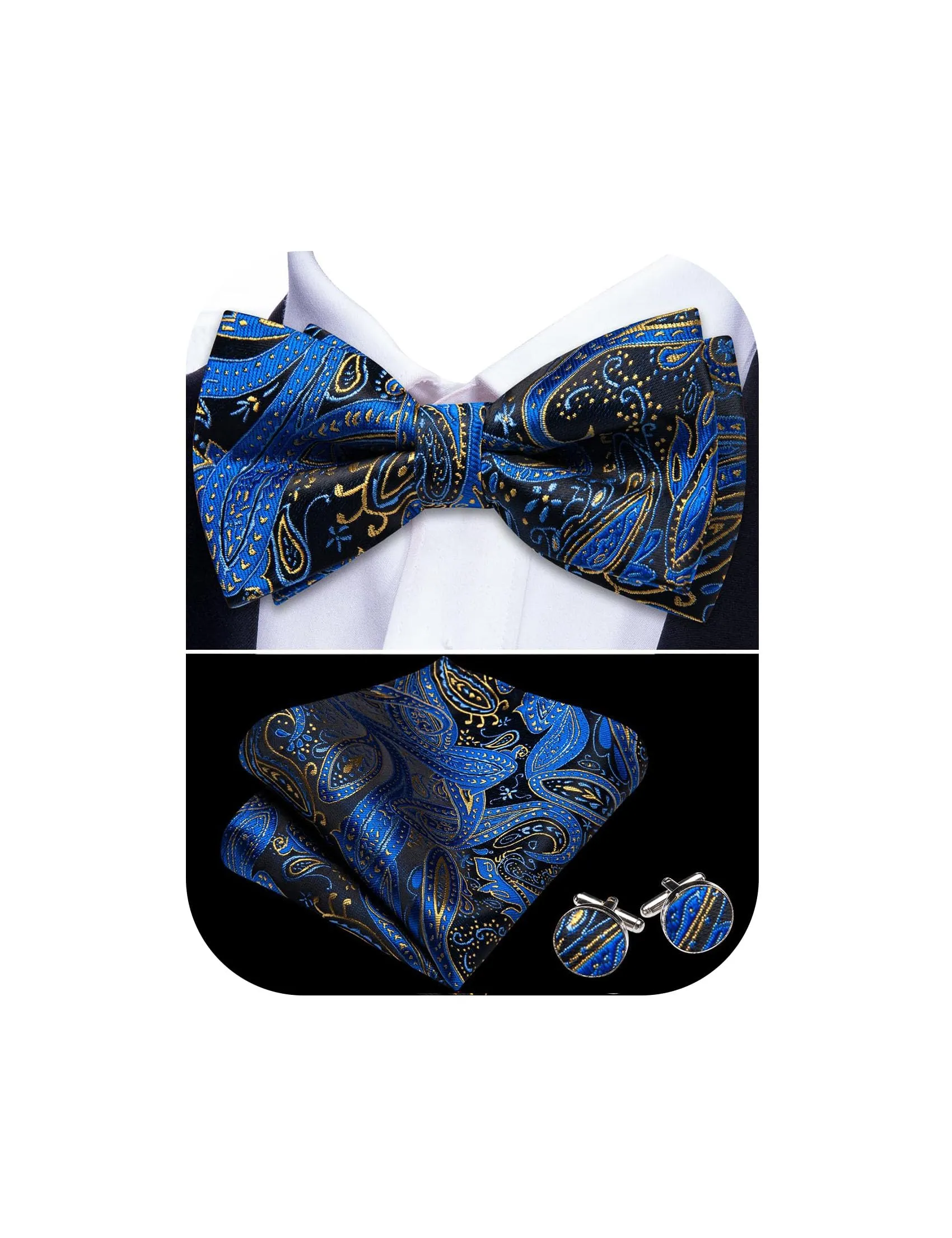 Barry.Wang Set Papillon in Seta Paisley Pre-annodato con Fazzoletto e Gemelli, Blu Reale Oro, Taglia unica - immagine 1