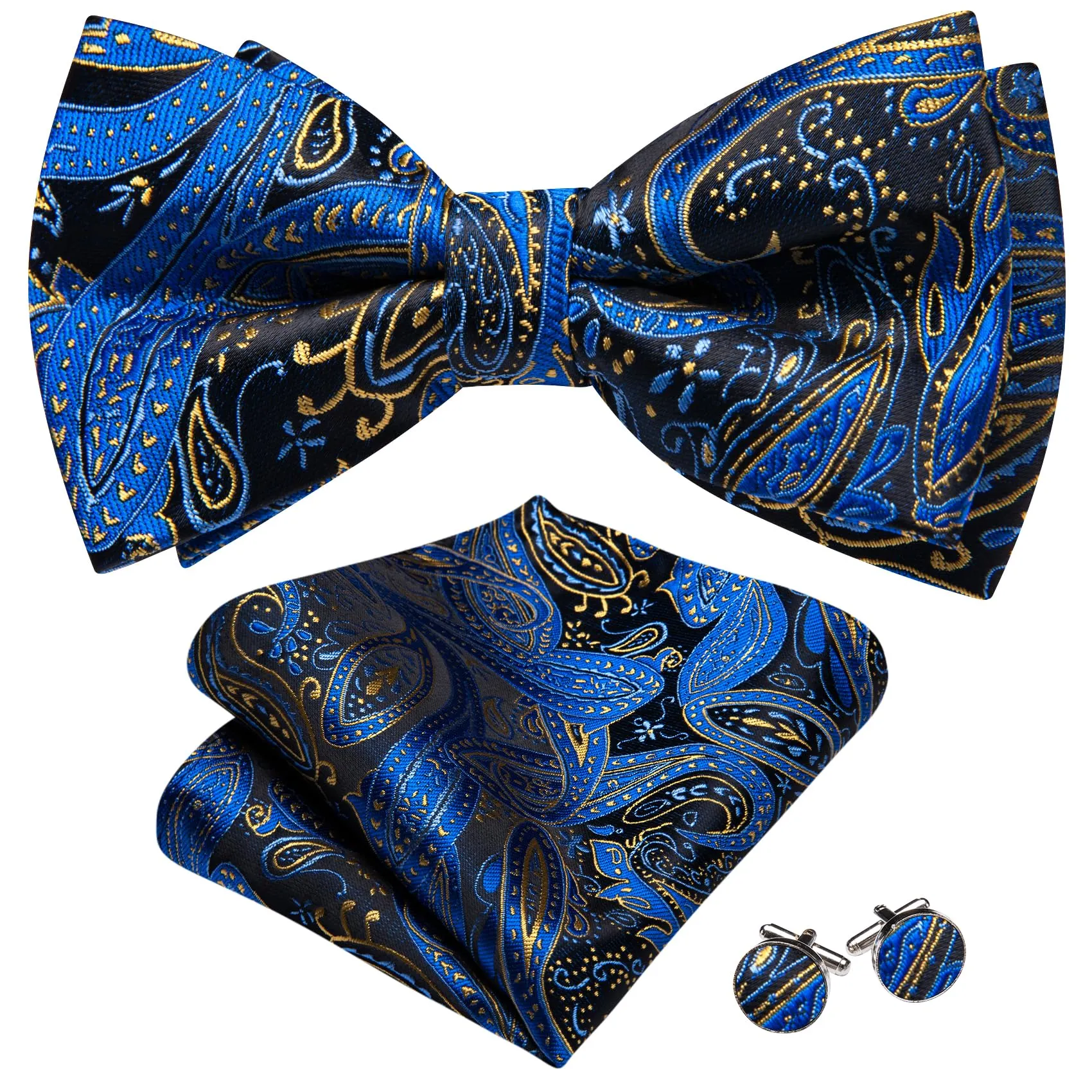Barry.Wang Set Papillon in Seta Paisley Pre-annodato con Fazzoletto e Gemelli, Blu Reale Oro, Taglia unica - immagine 2