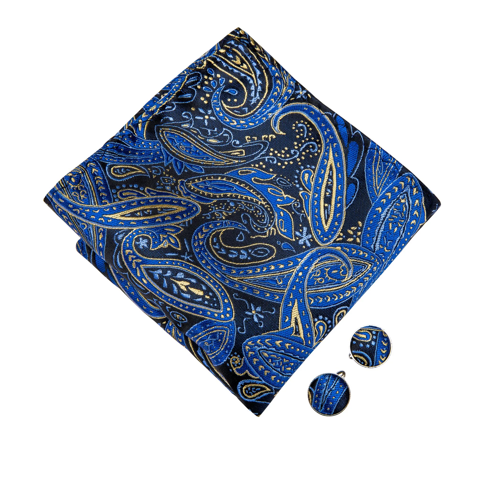 Barry.Wang Set Papillon in Seta Paisley Pre-annodato con Fazzoletto e Gemelli, Blu Reale Oro, Taglia unica - immagine 5
