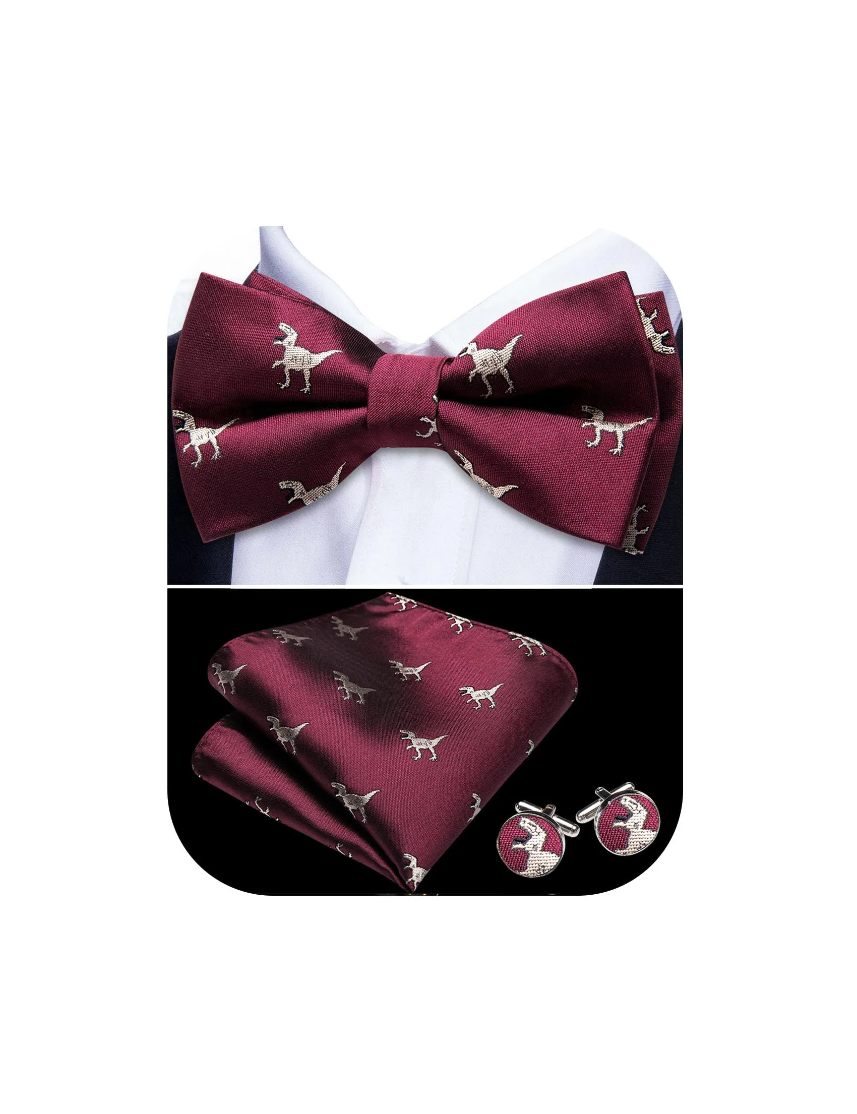 Barry.Wang Set Papillon in Seta Paisley Pre-annodato con Fazzoletto e Gemelli, Rosso Borgogna, Taglia Unica - immagine 2