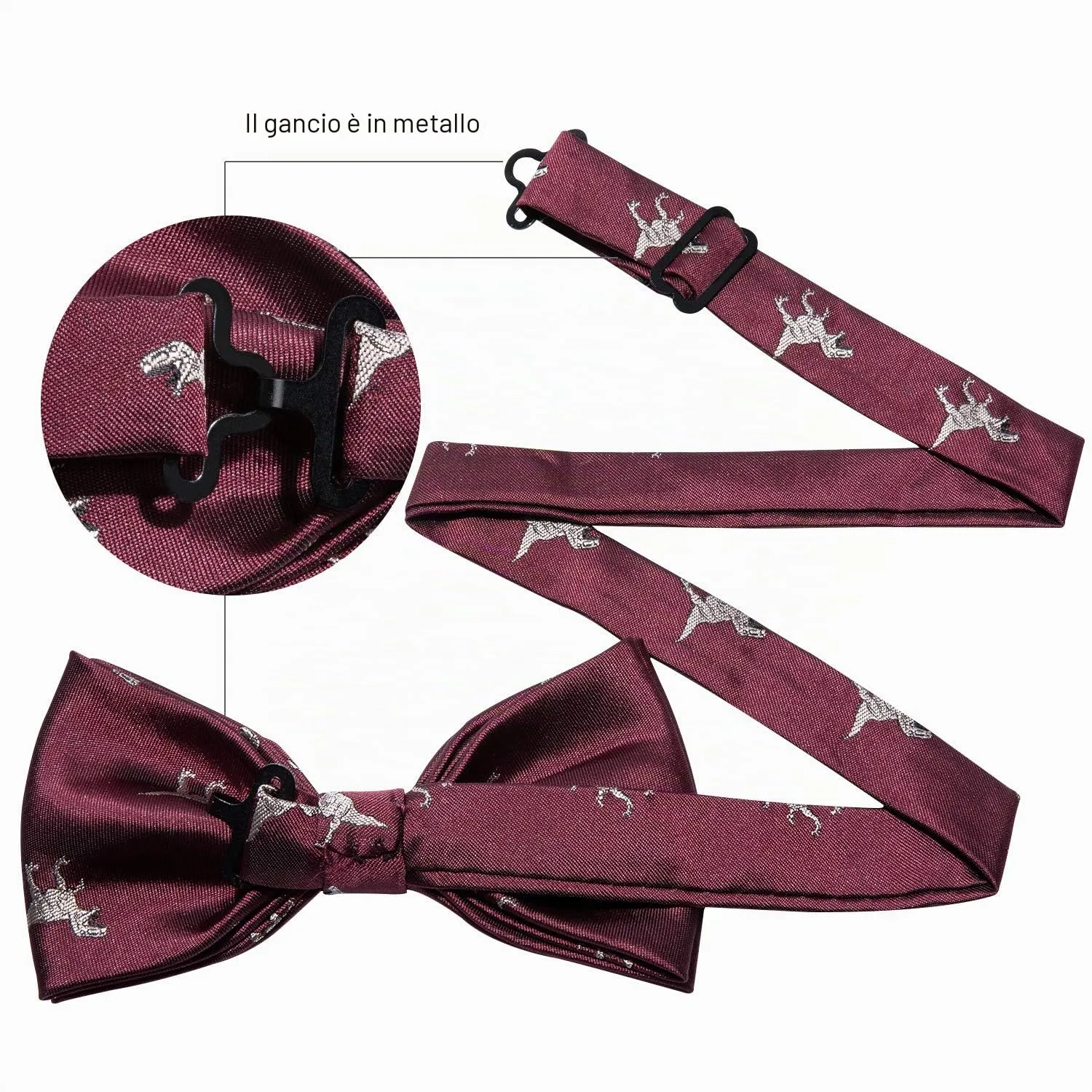 Barry.Wang Set Papillon in Seta Paisley Pre-annodato con Fazzoletto e Gemelli, Rosso Borgogna, Taglia Unica - immagine 3
