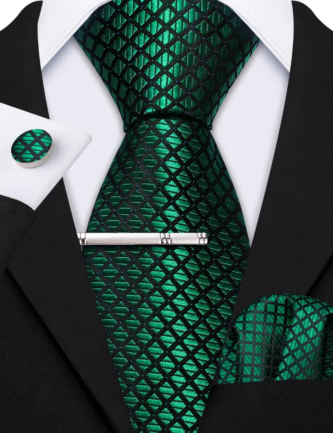 Barry.Wang Set Cravatta, Fazzoletto da Tasca e Gemelli in Seta Verde Smeraldo, Motivo Cachemire - immagine 5