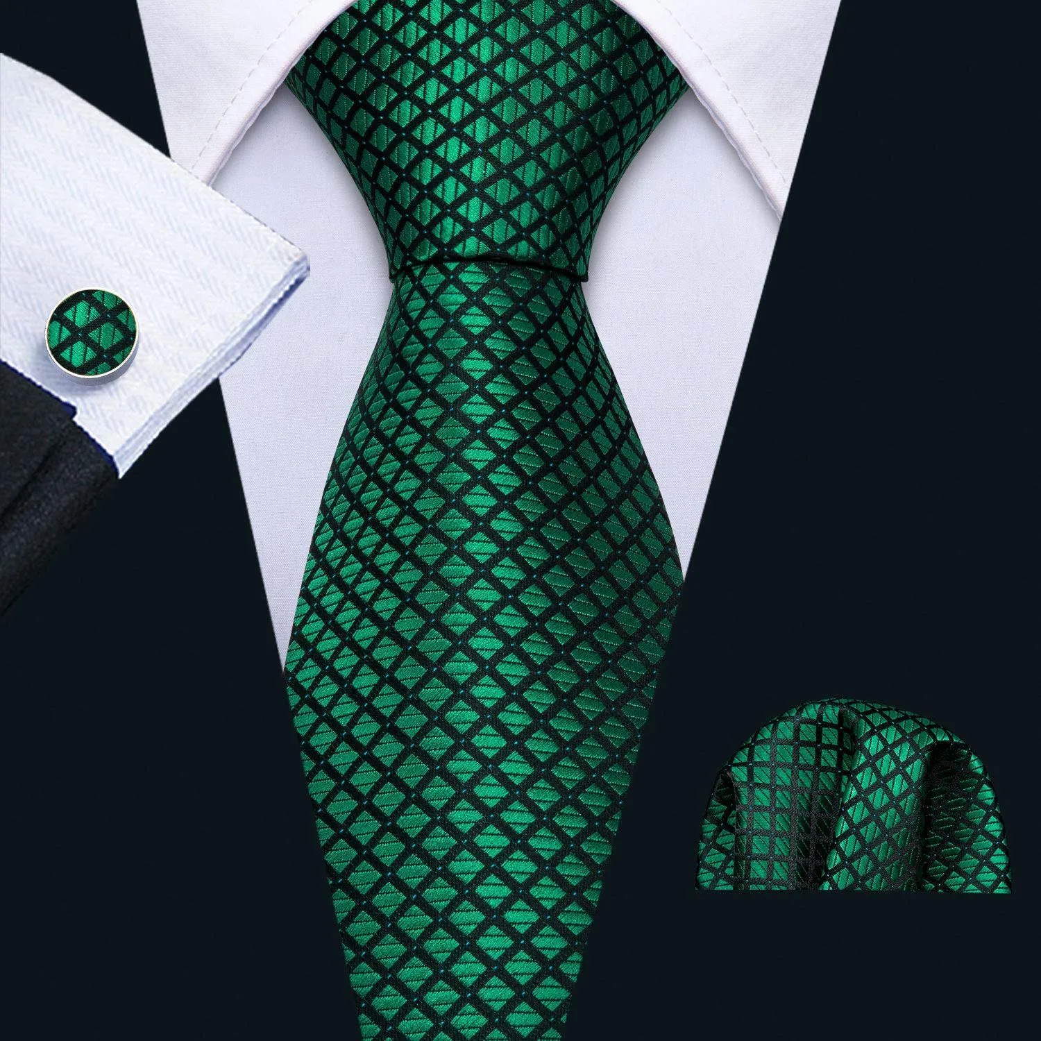 Barry.Wang Set Cravatta, Fazzoletto da Tasca e Gemelli in Seta Verde Smeraldo, Motivo Cachemire - immagine 7